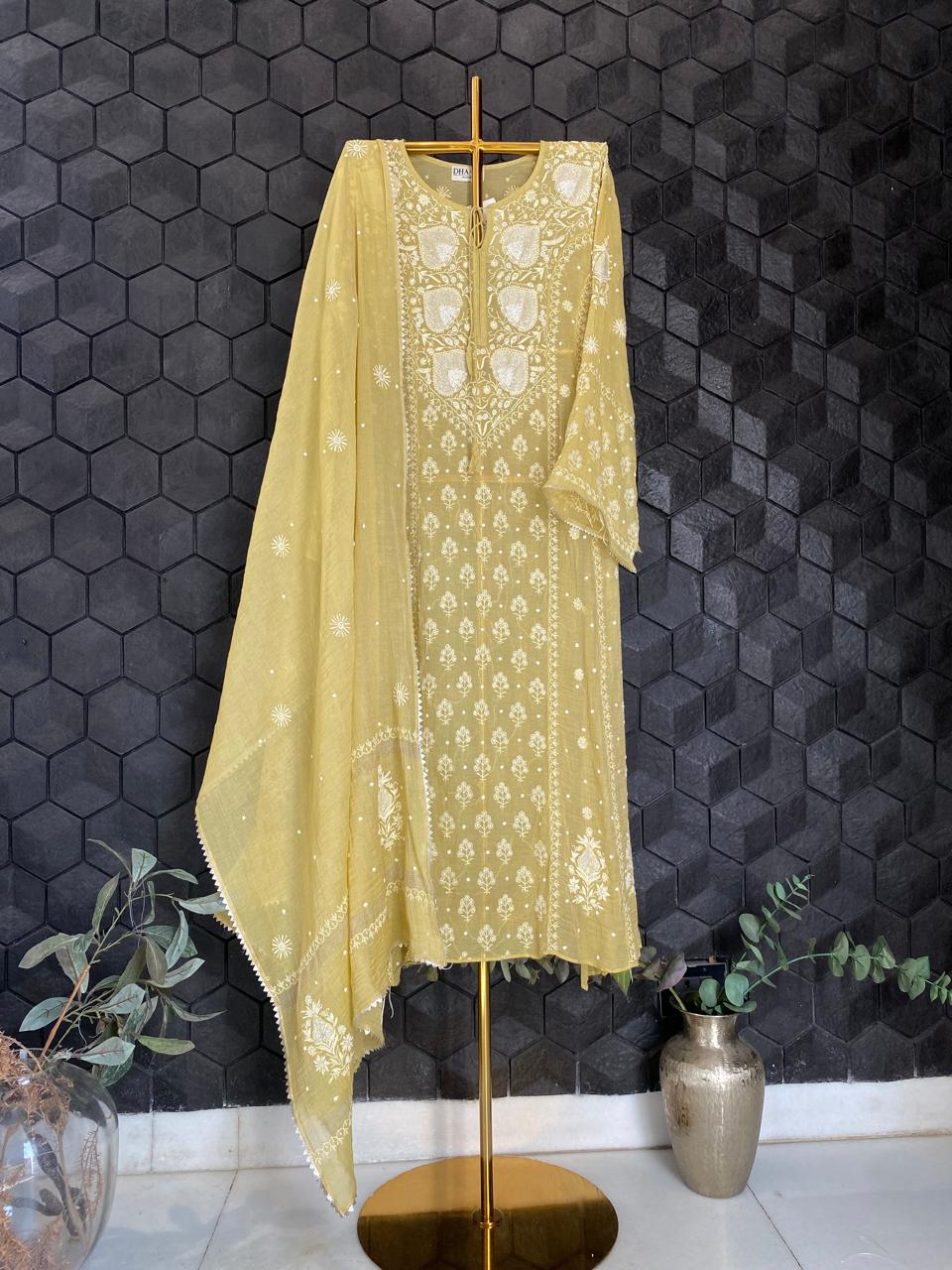 Lime Green Silver Tissue Chikankari Anarkali Set