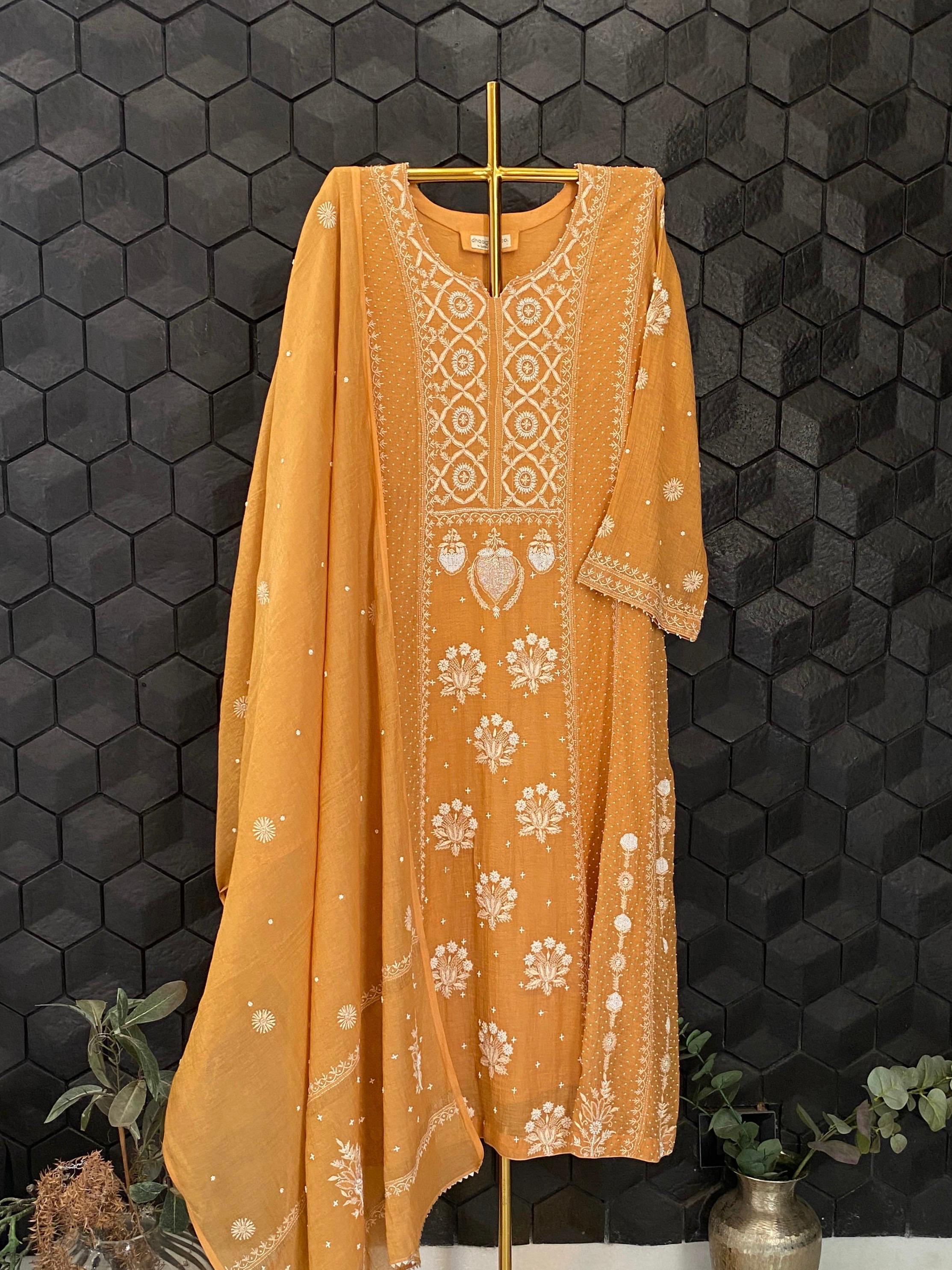 Mustard Golden Tissue Chikankari Anarkali Set