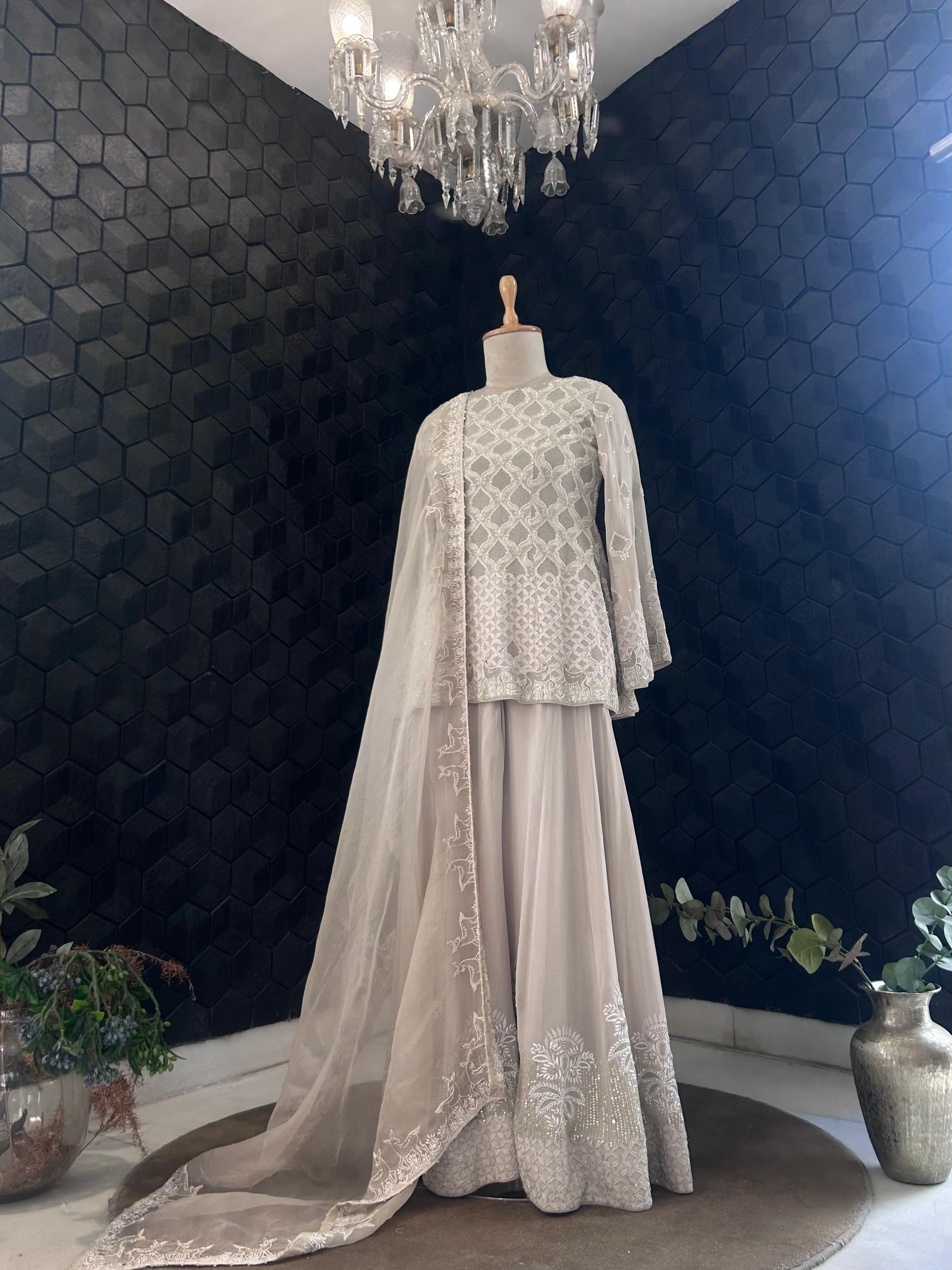 Sage Green Georgette Chikankari Sharara Set