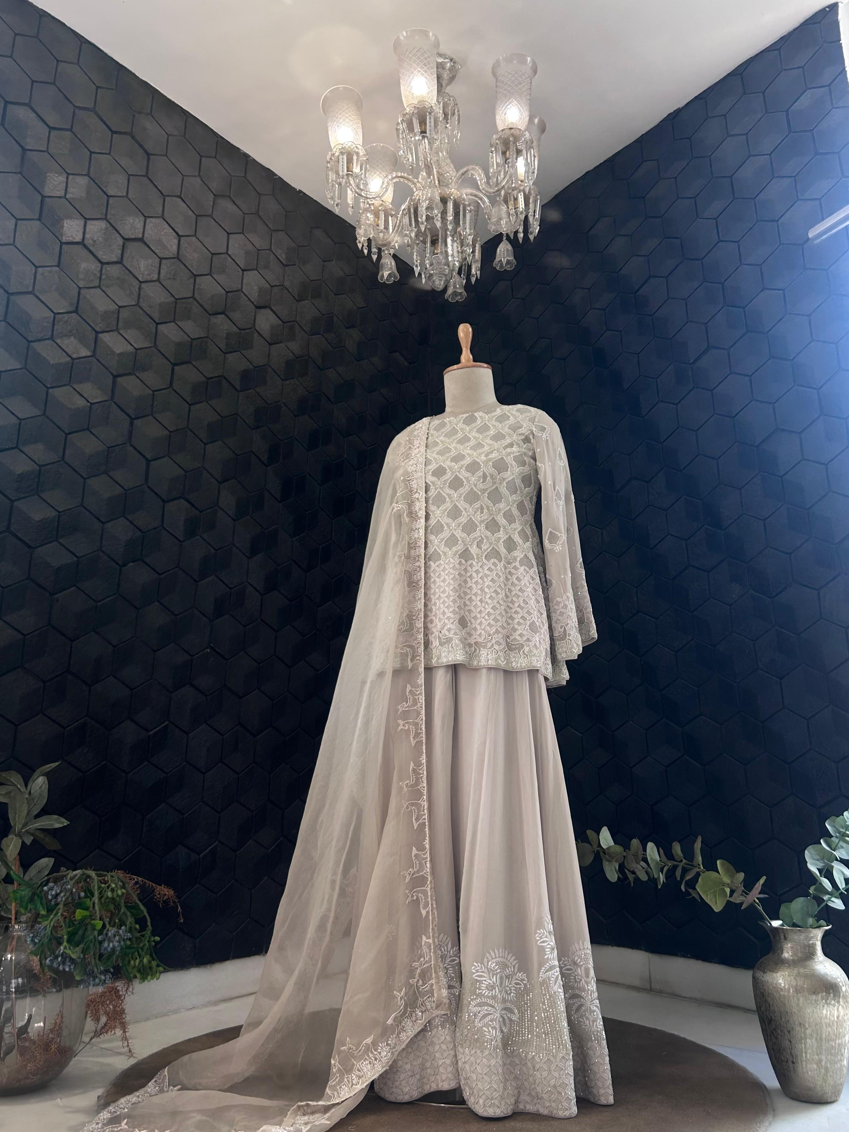 Sage Green Georgette Chikankari Sharara Set