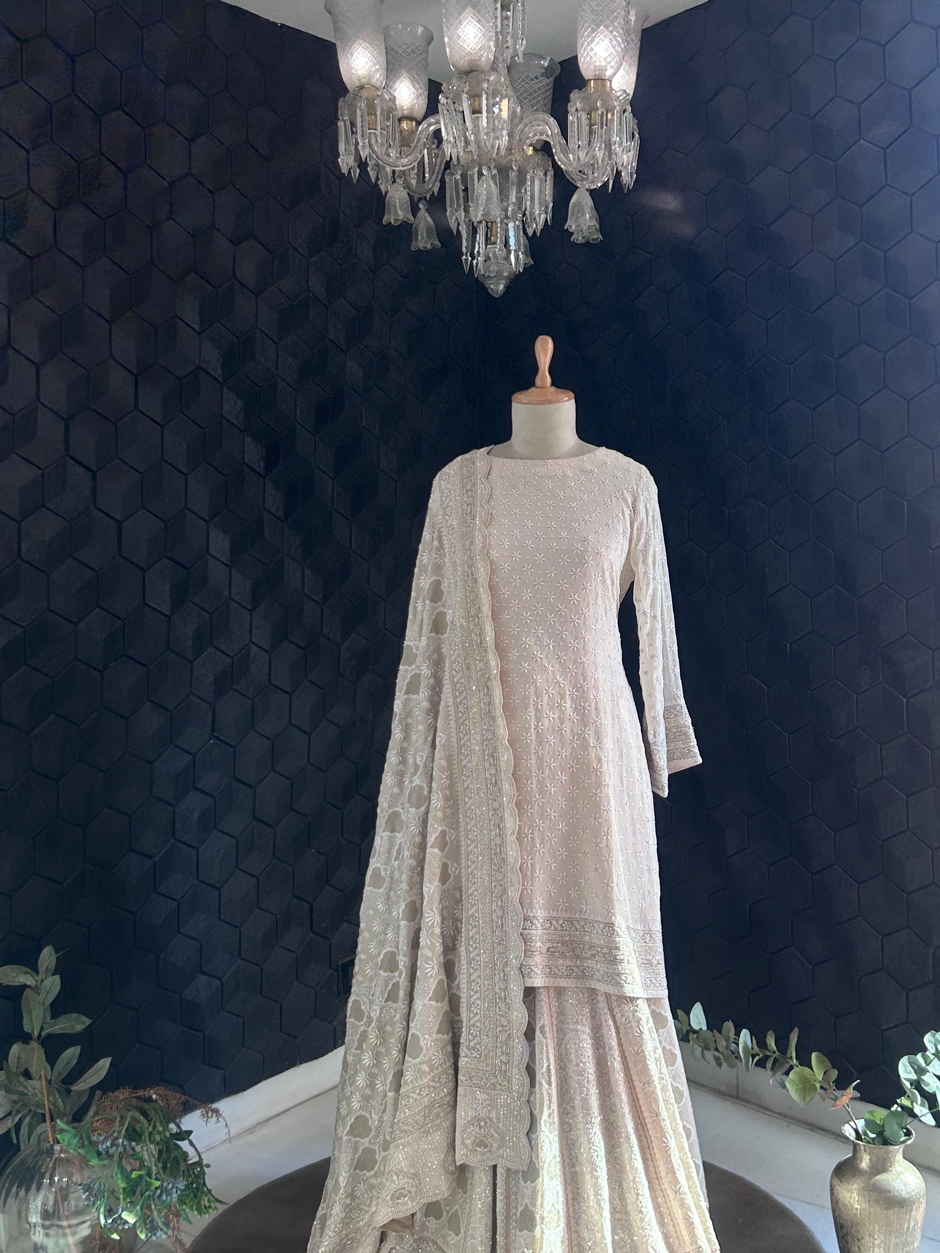 Ivory Georgette Ek-Taar Chikankari Sharara Set