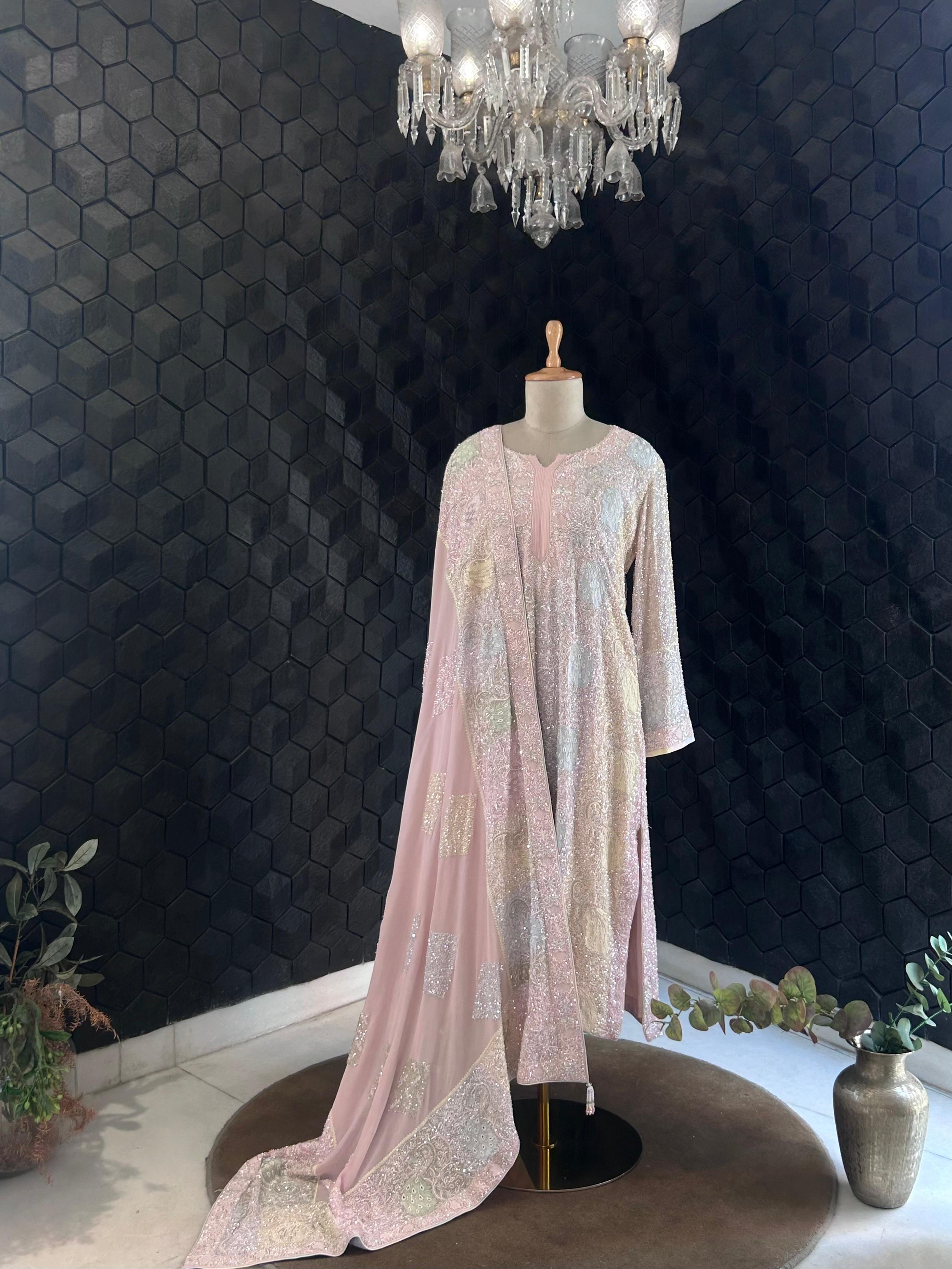 Pink Georgette chikankari kurta set