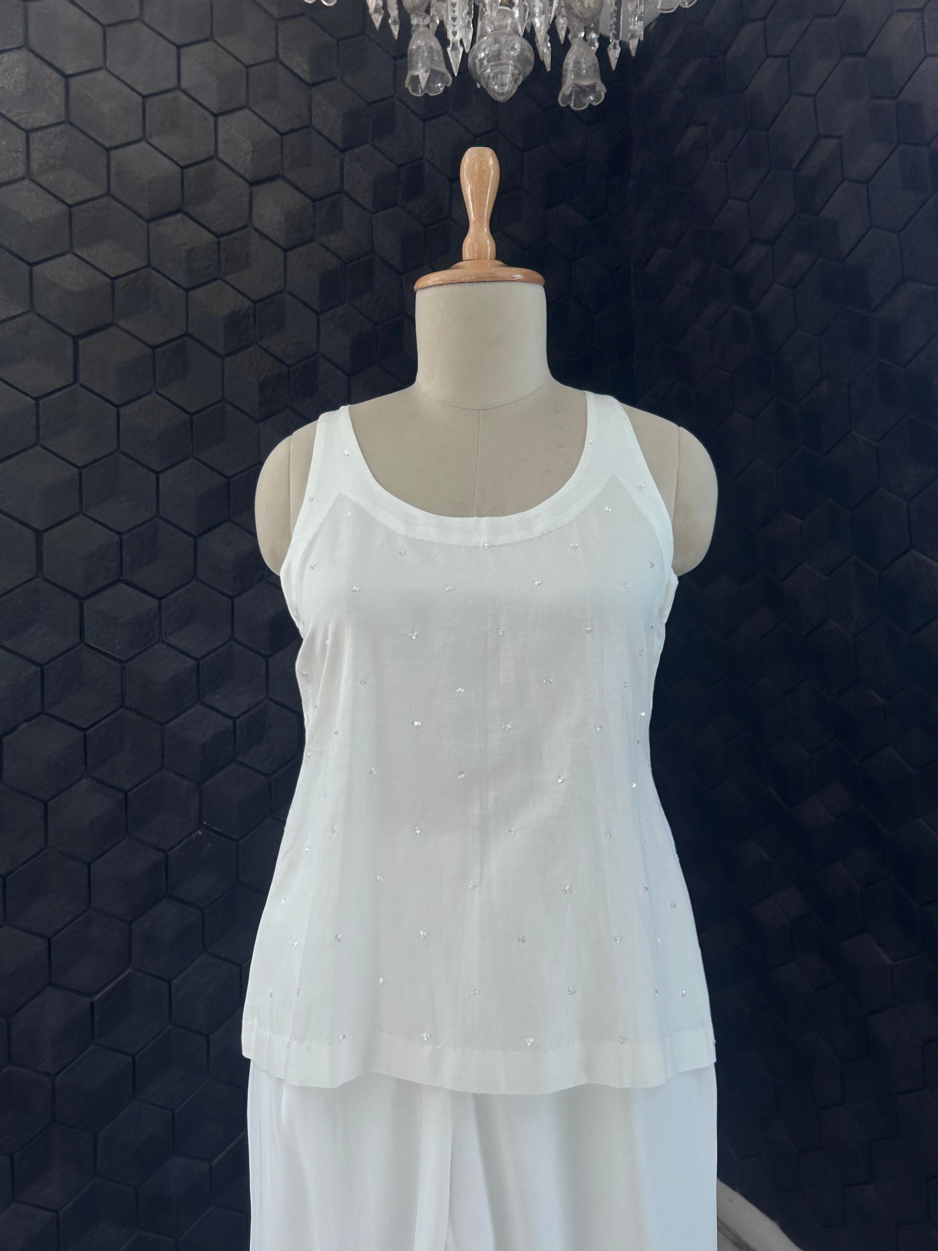 White georgette chikankari gilet-set