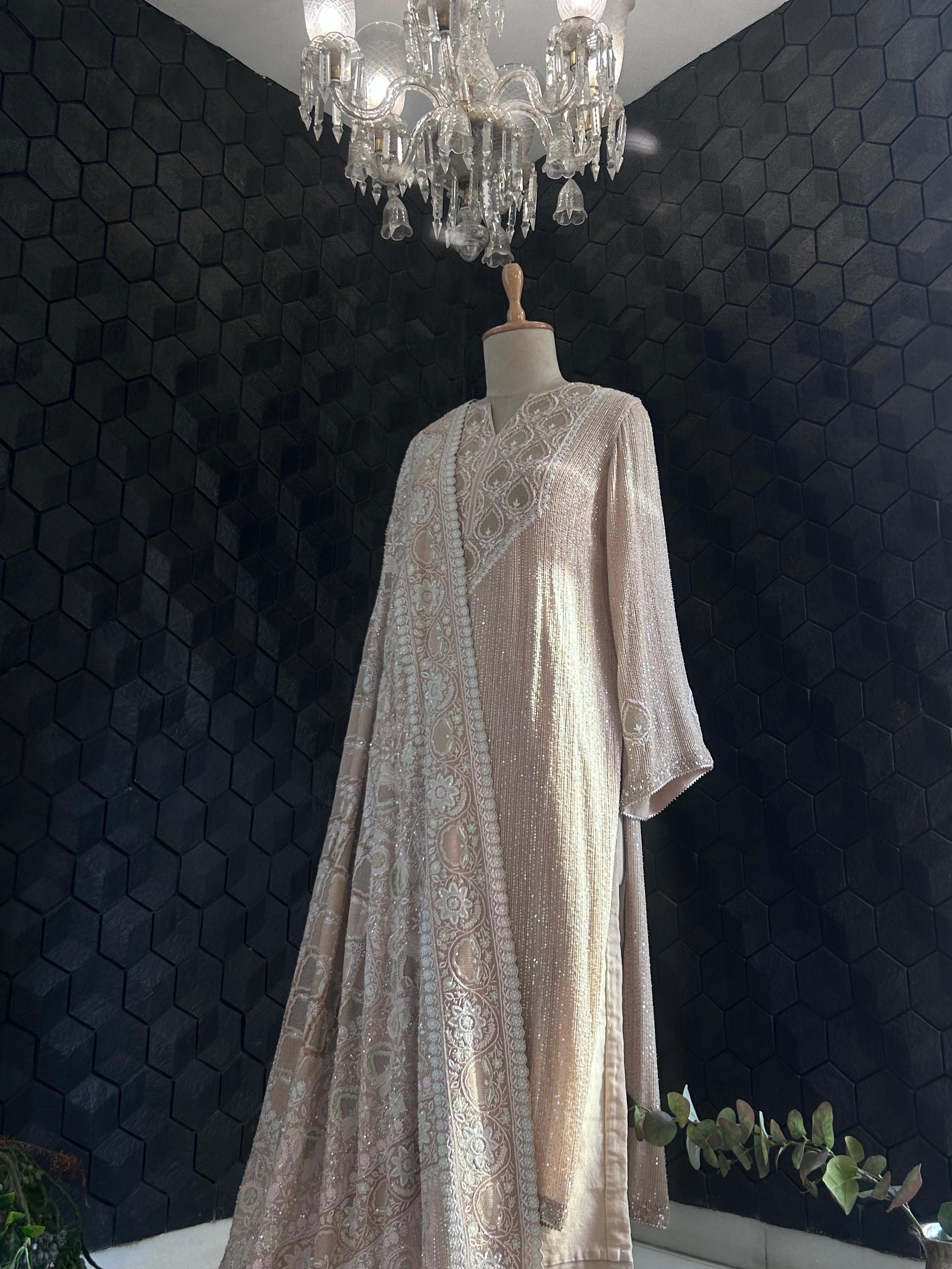 Peach Georgette Chikankari Kurta with Statement Heavy Dupatta Set