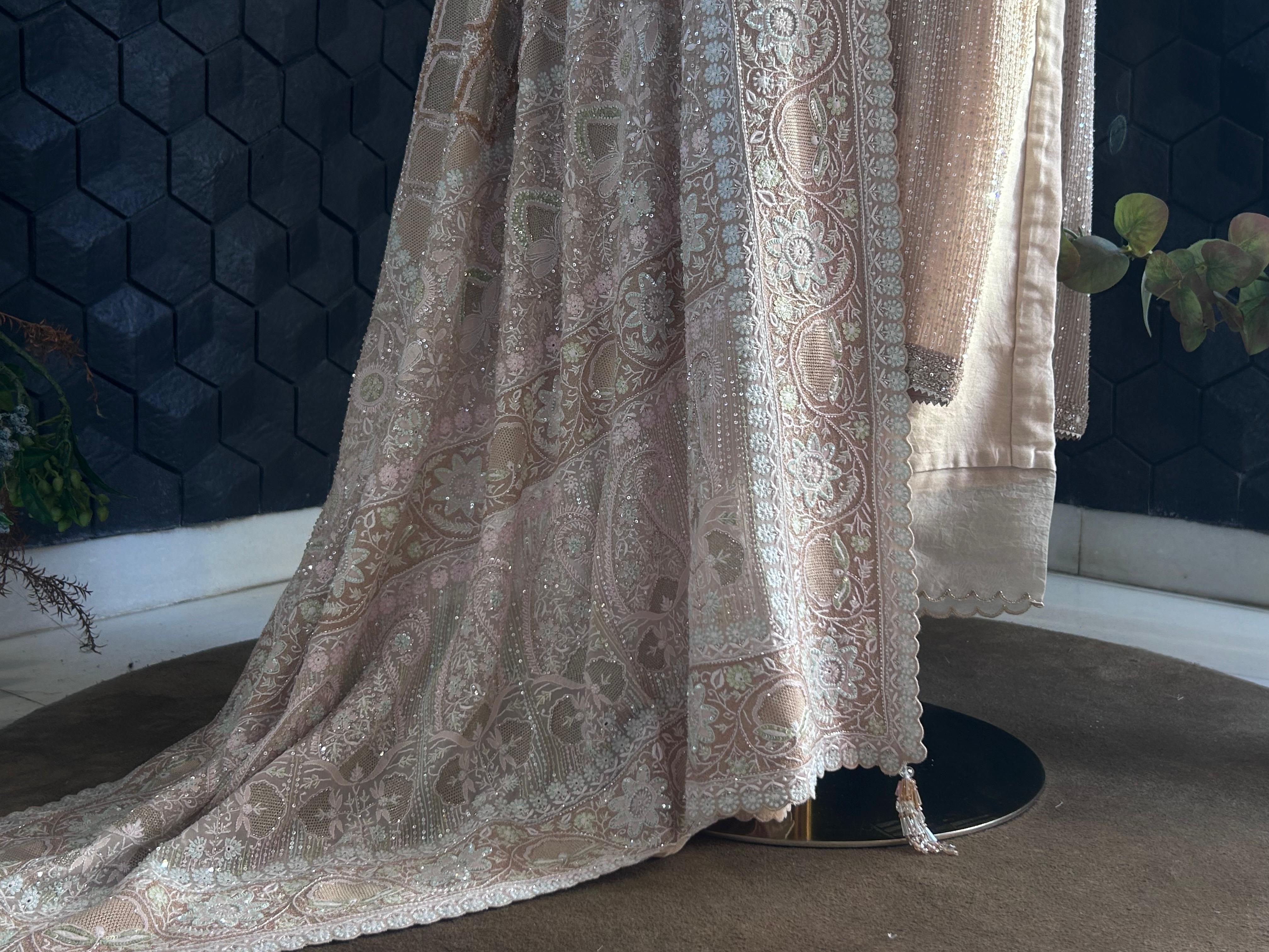 Peach Georgette Chikankari Kurta with Statement Heavy Dupatta Set