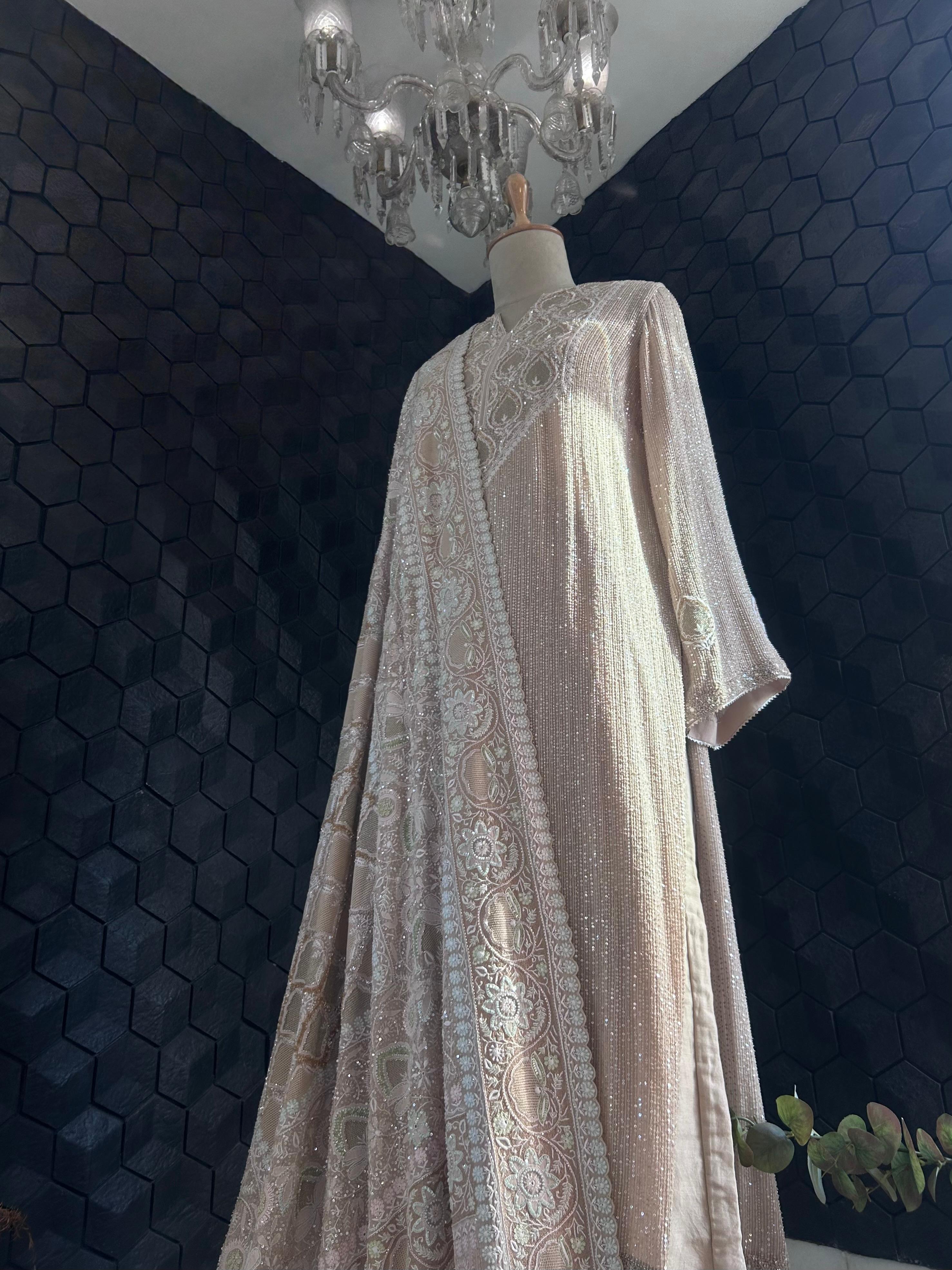 Peach Georgette Chikankari Kurta with Statement Heavy Dupatta Set