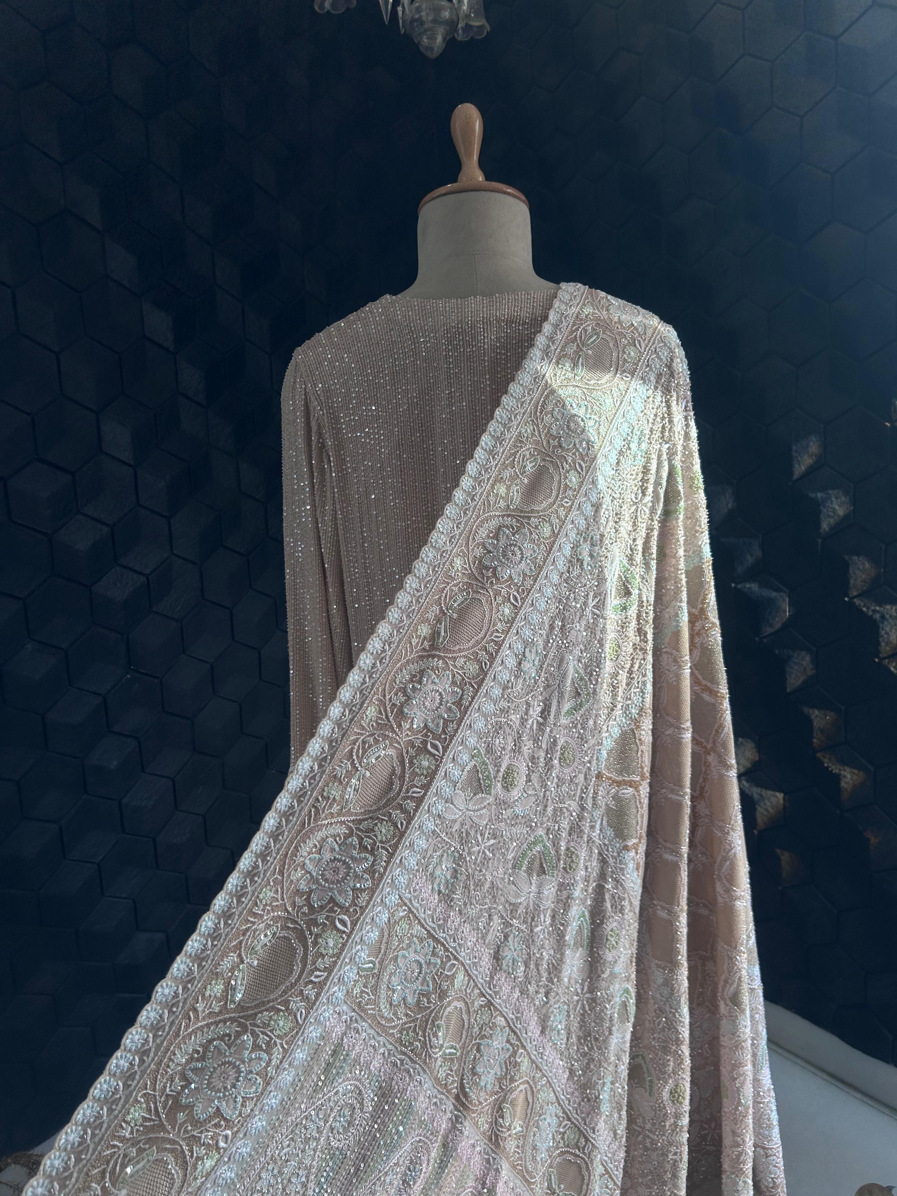 Peach Georgette Chikankari Kurta with Statement Heavy Dupatta Set