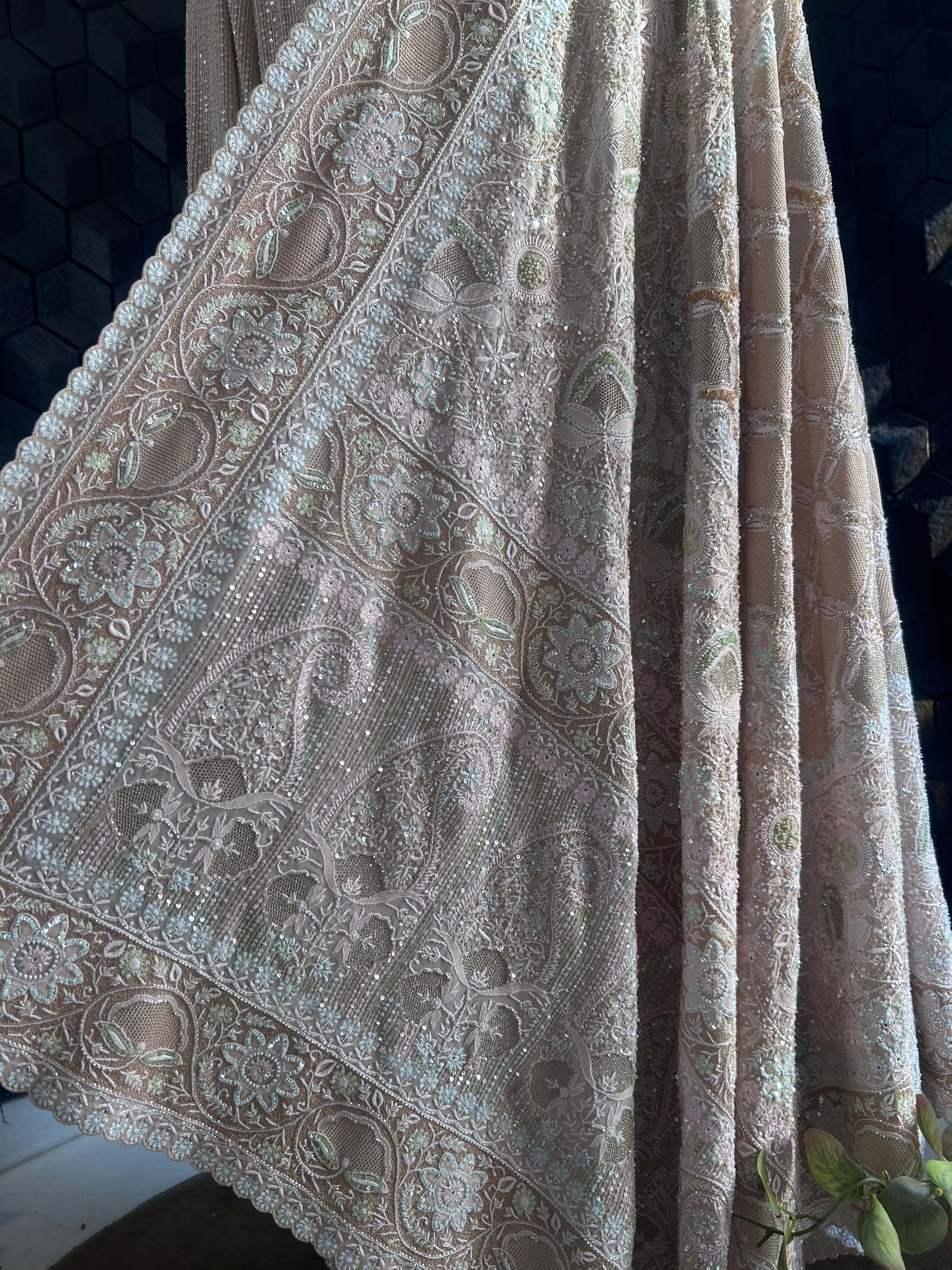 Peach Georgette Chikankari Kurta with Statement Heavy Dupatta Set