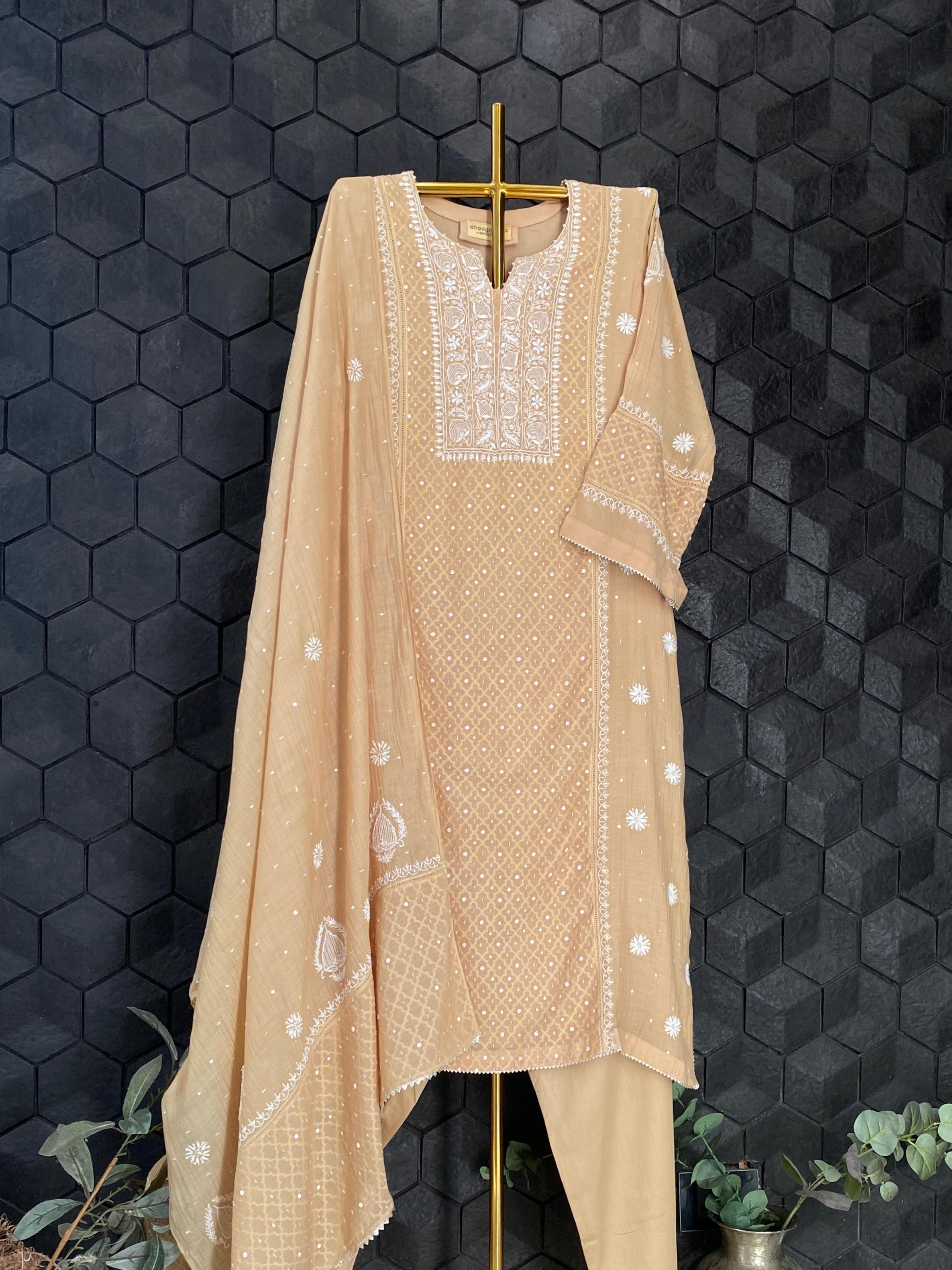 Peach mul chanderi chikankari kurts set