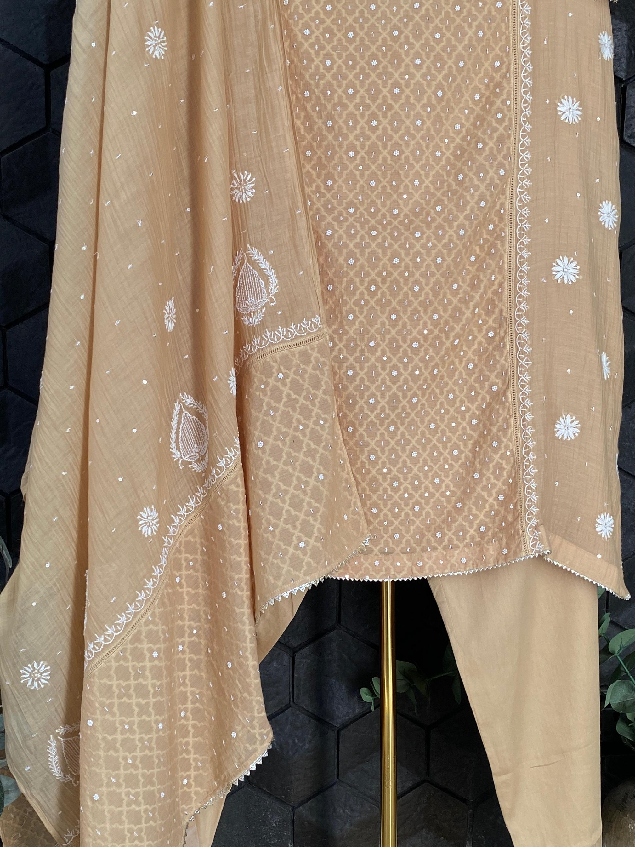 Peach mul chanderi chikankari kurts set