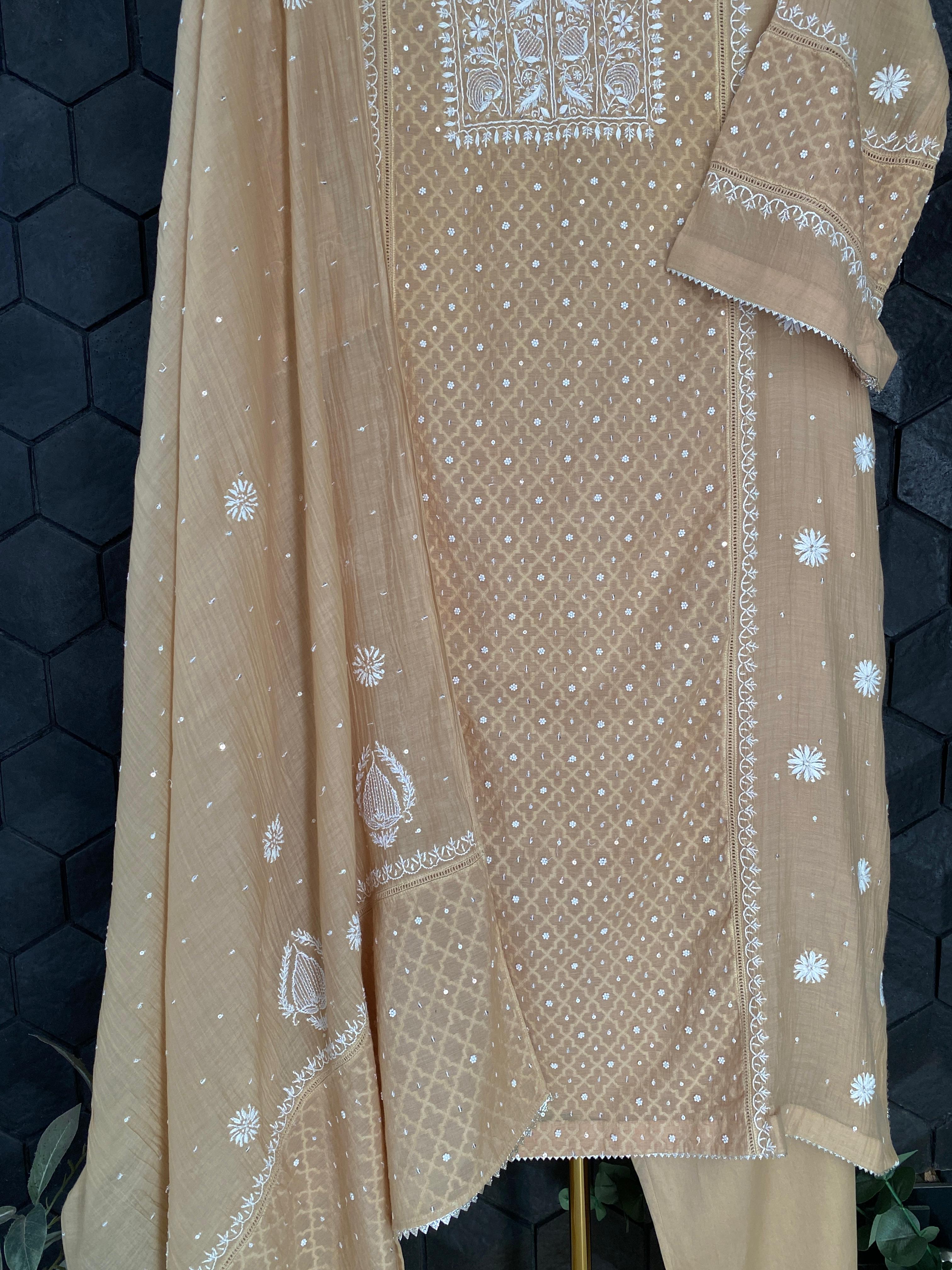 Peach mul chanderi chikankari kurts set
