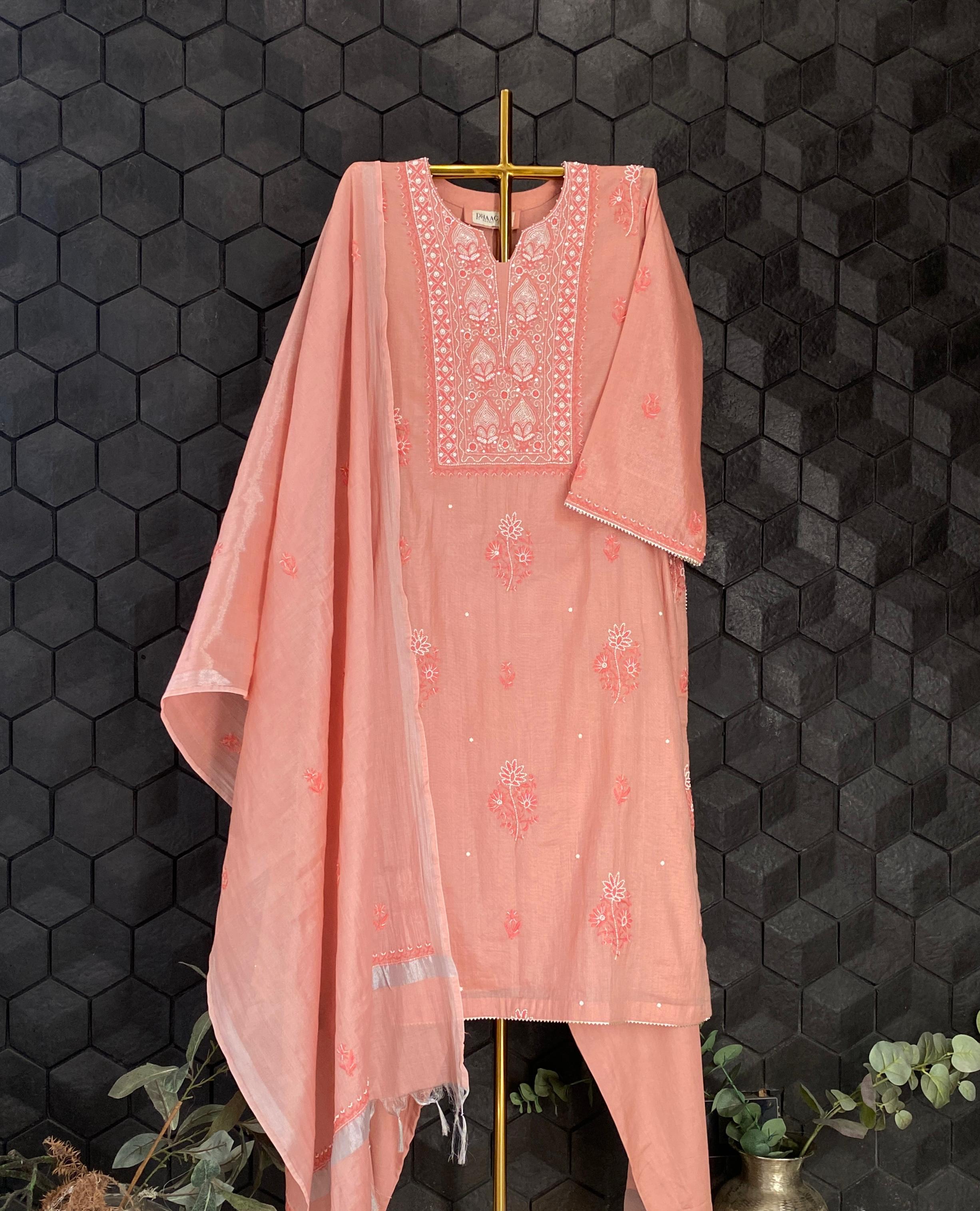 Peach silver tissue chikankari kurta set