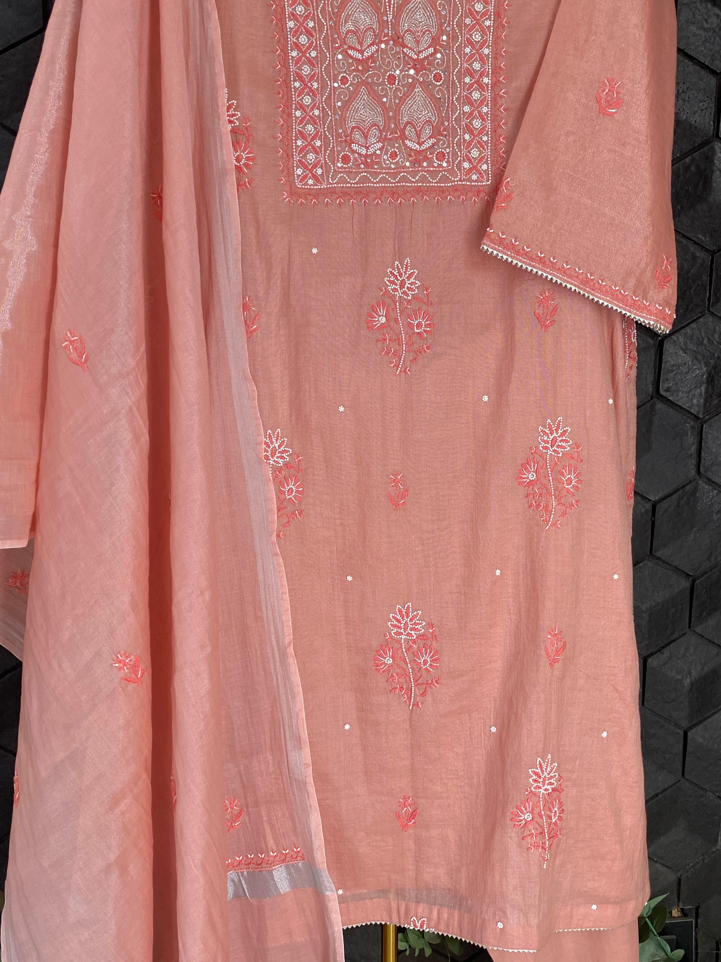 Peach silver tissue chikankari kurta set