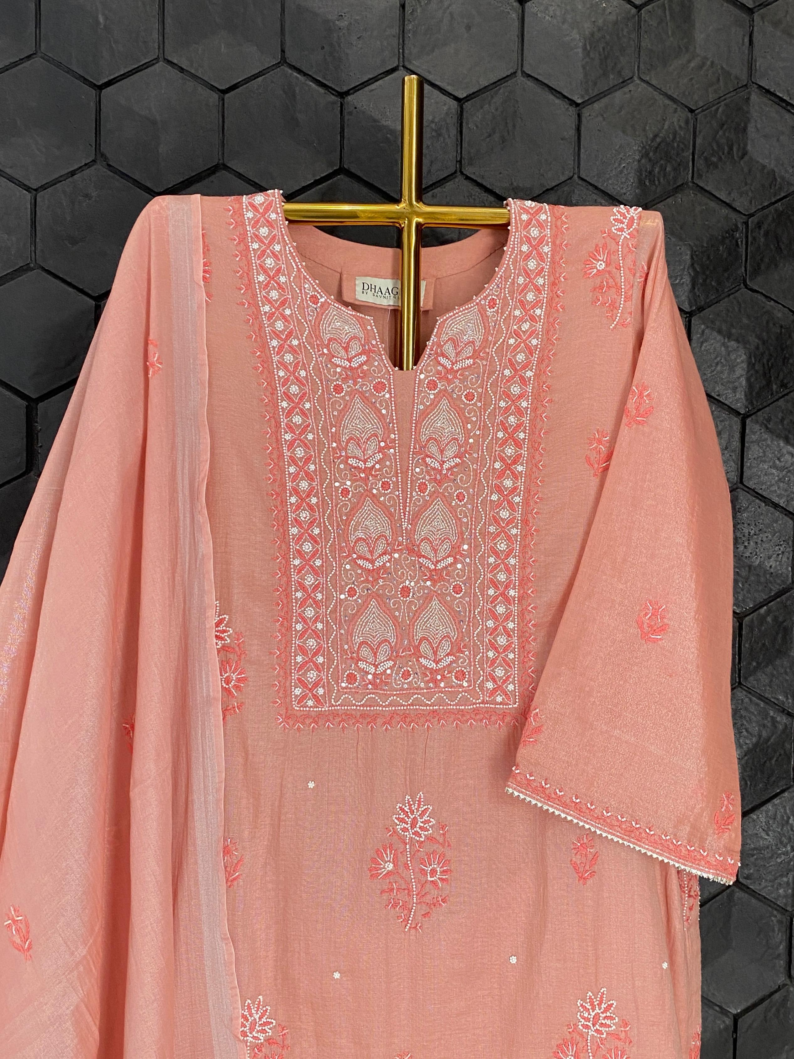 Peach silver tissue chikankari kurta set