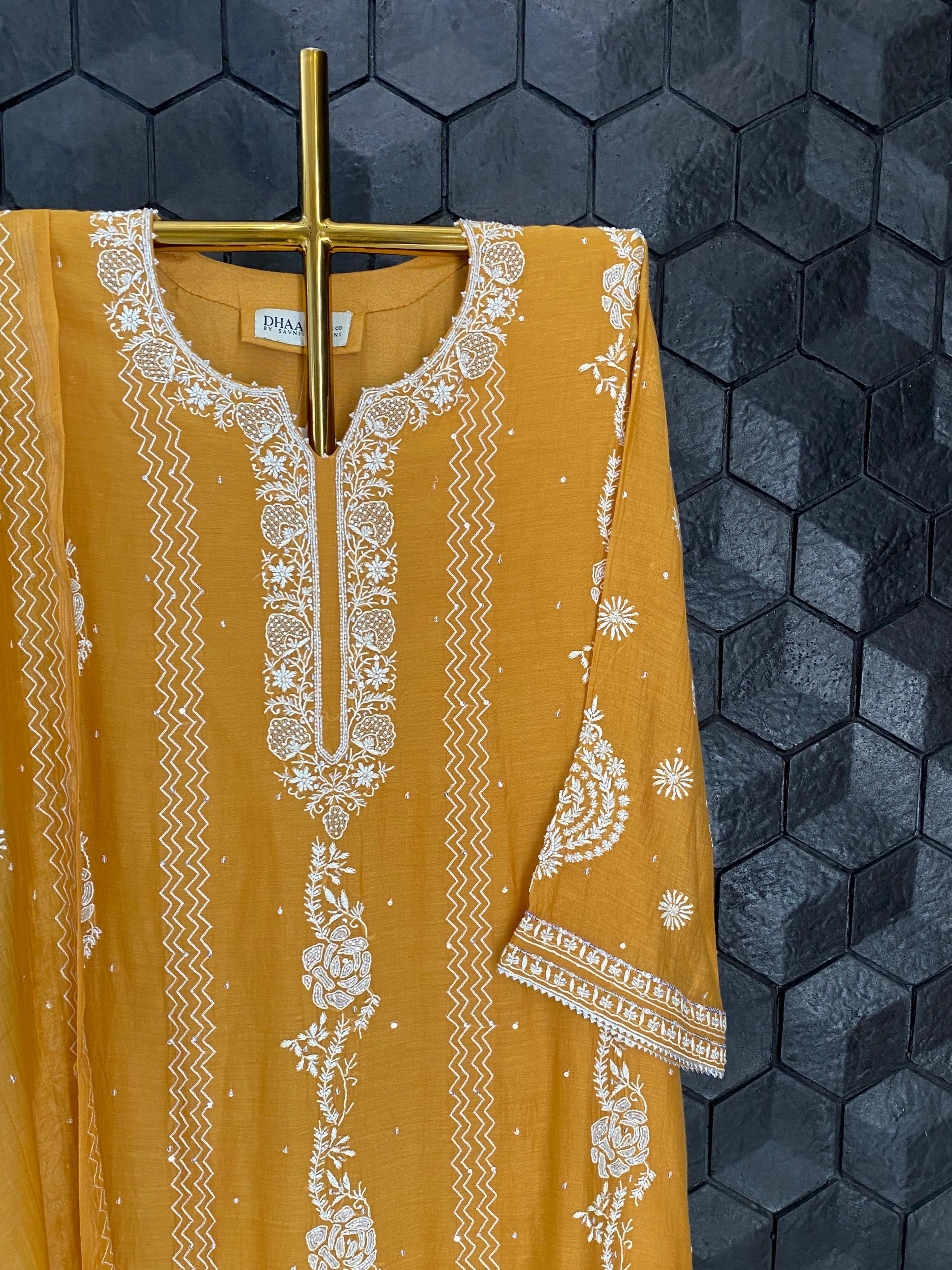 Mustard mul chanderi chikankari kurta set