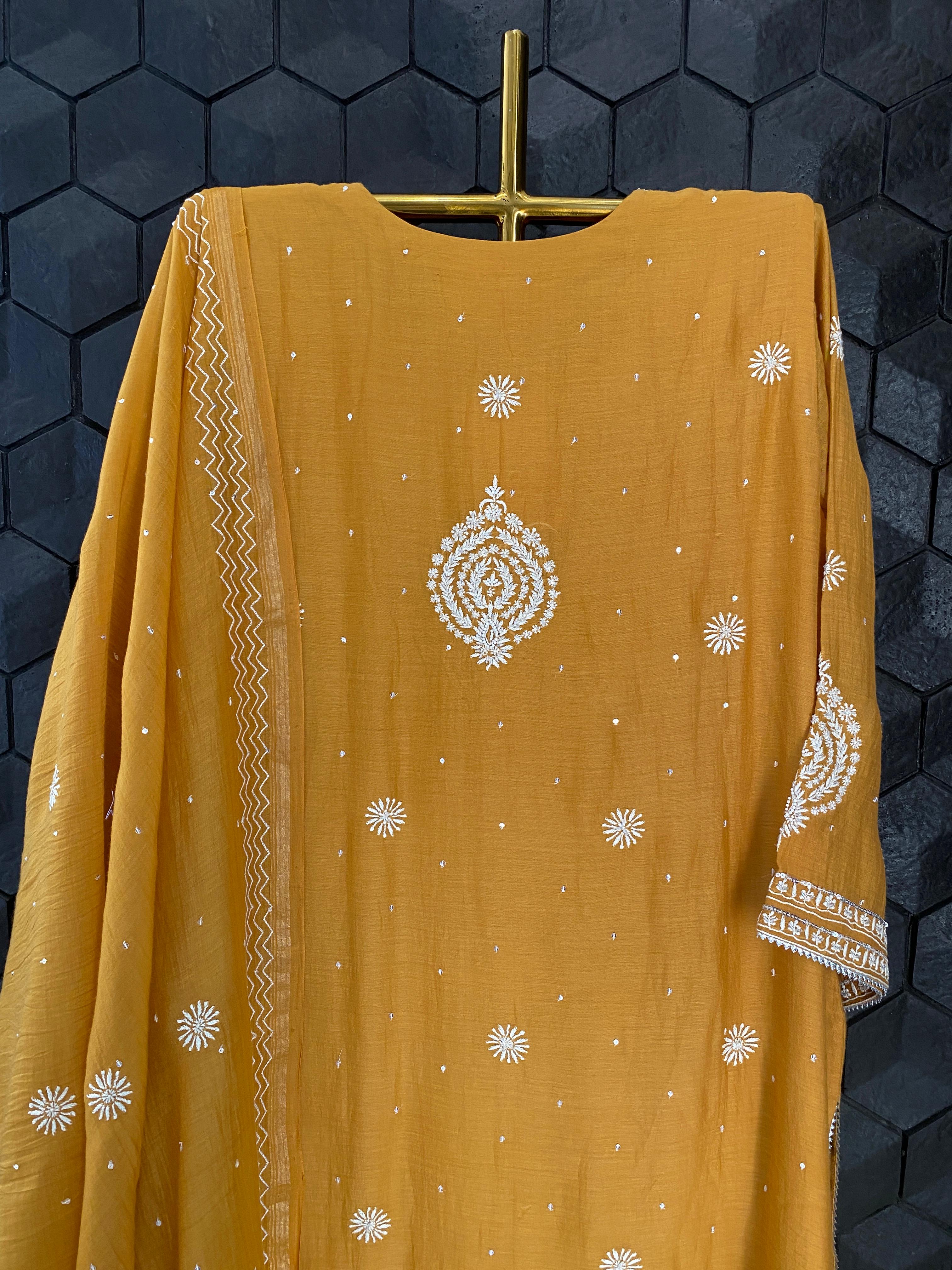Mustard mul chanderi chikankari kurta set