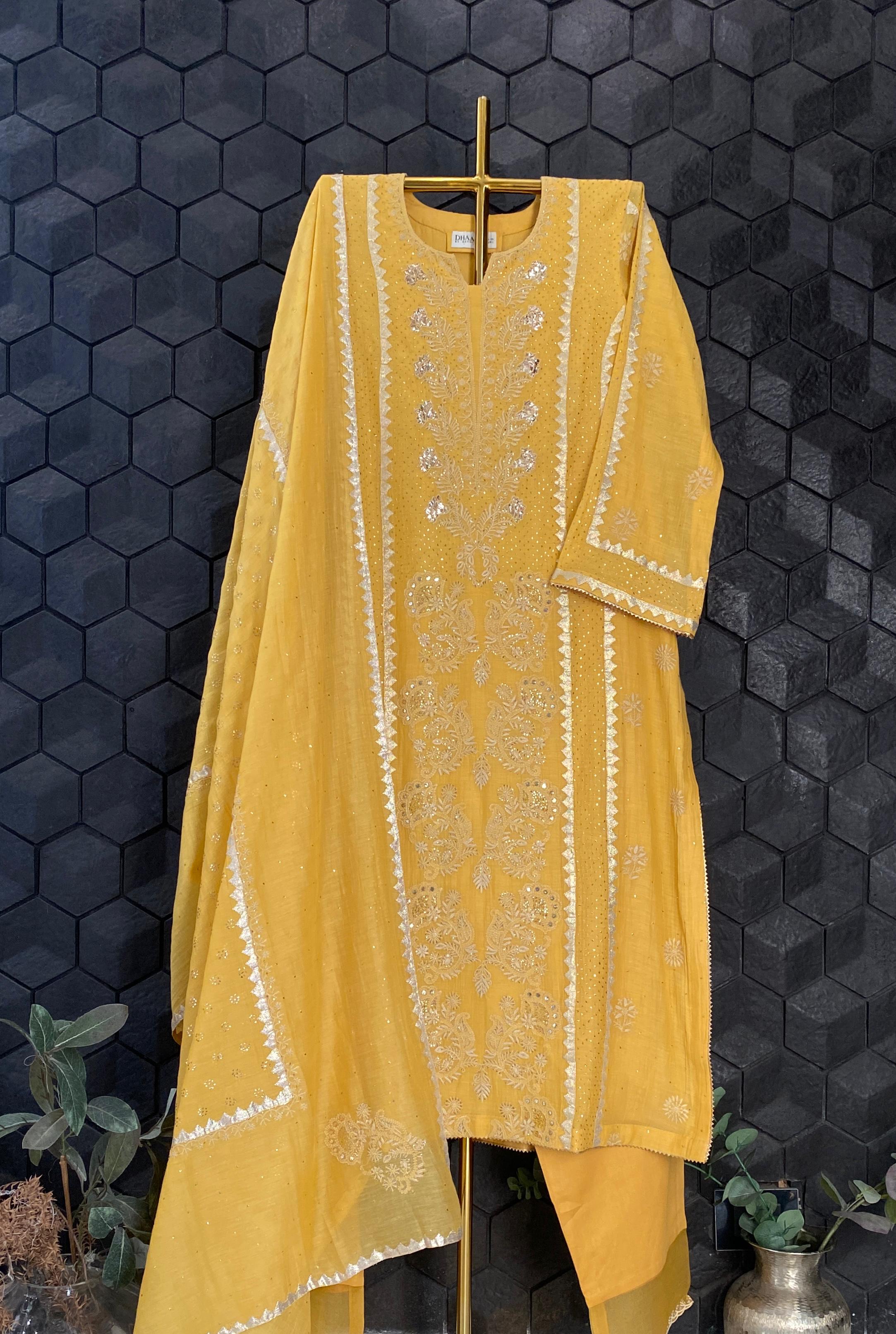 Mustard mul chanderi chikankari kurta set