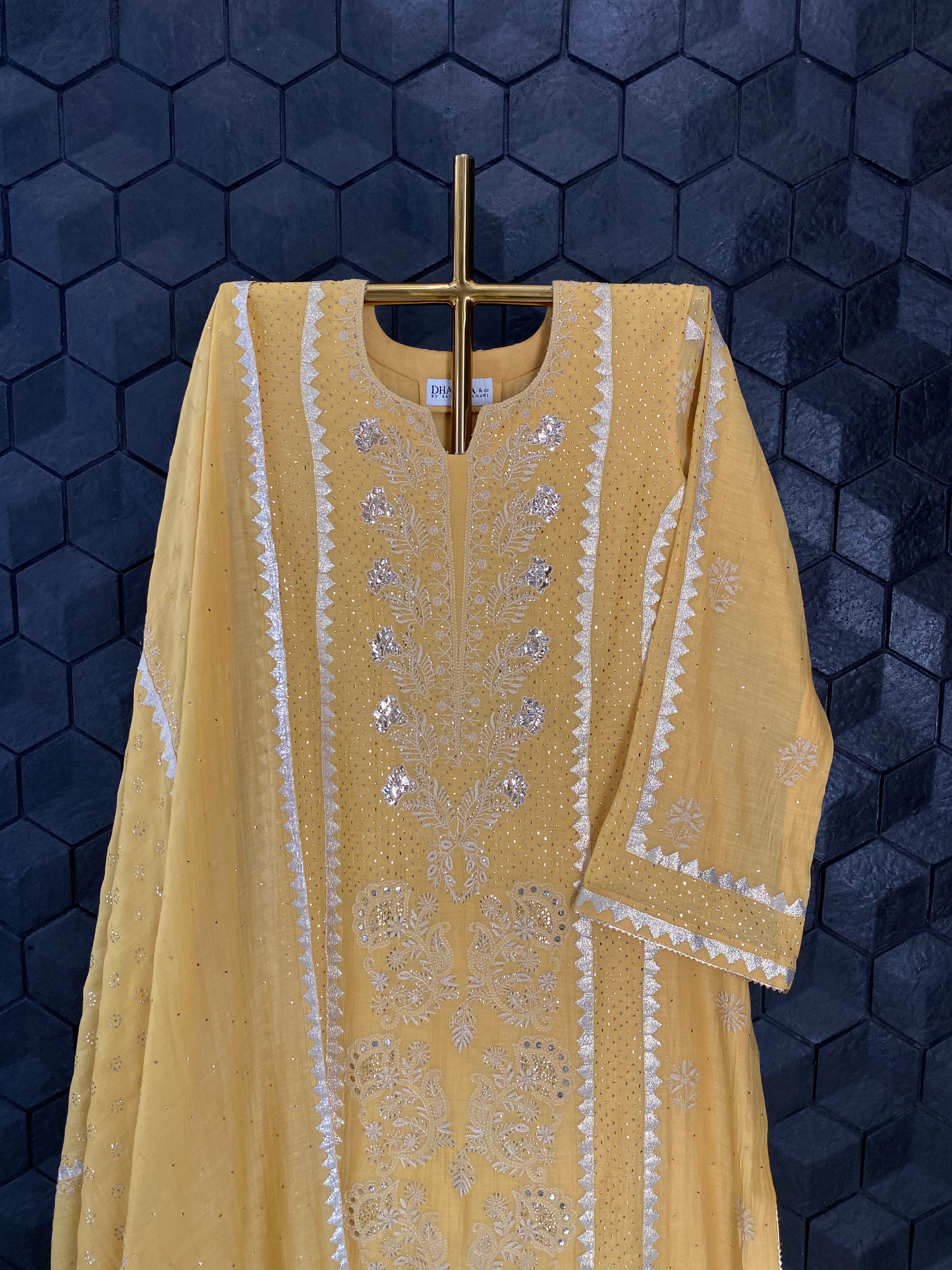 Mustard mul chanderi chikankari kurta set