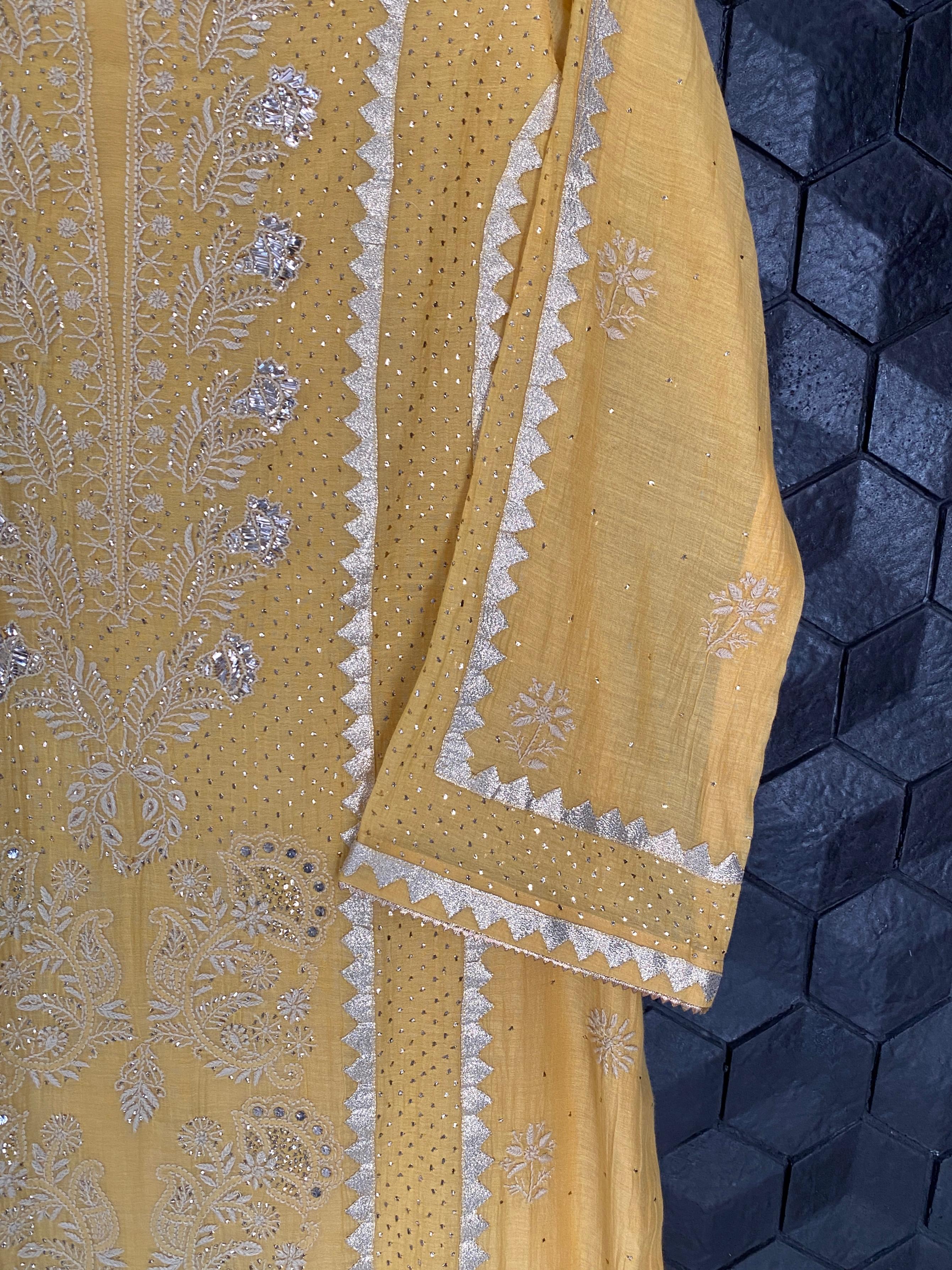 Mustard mul chanderi chikankari kurta set