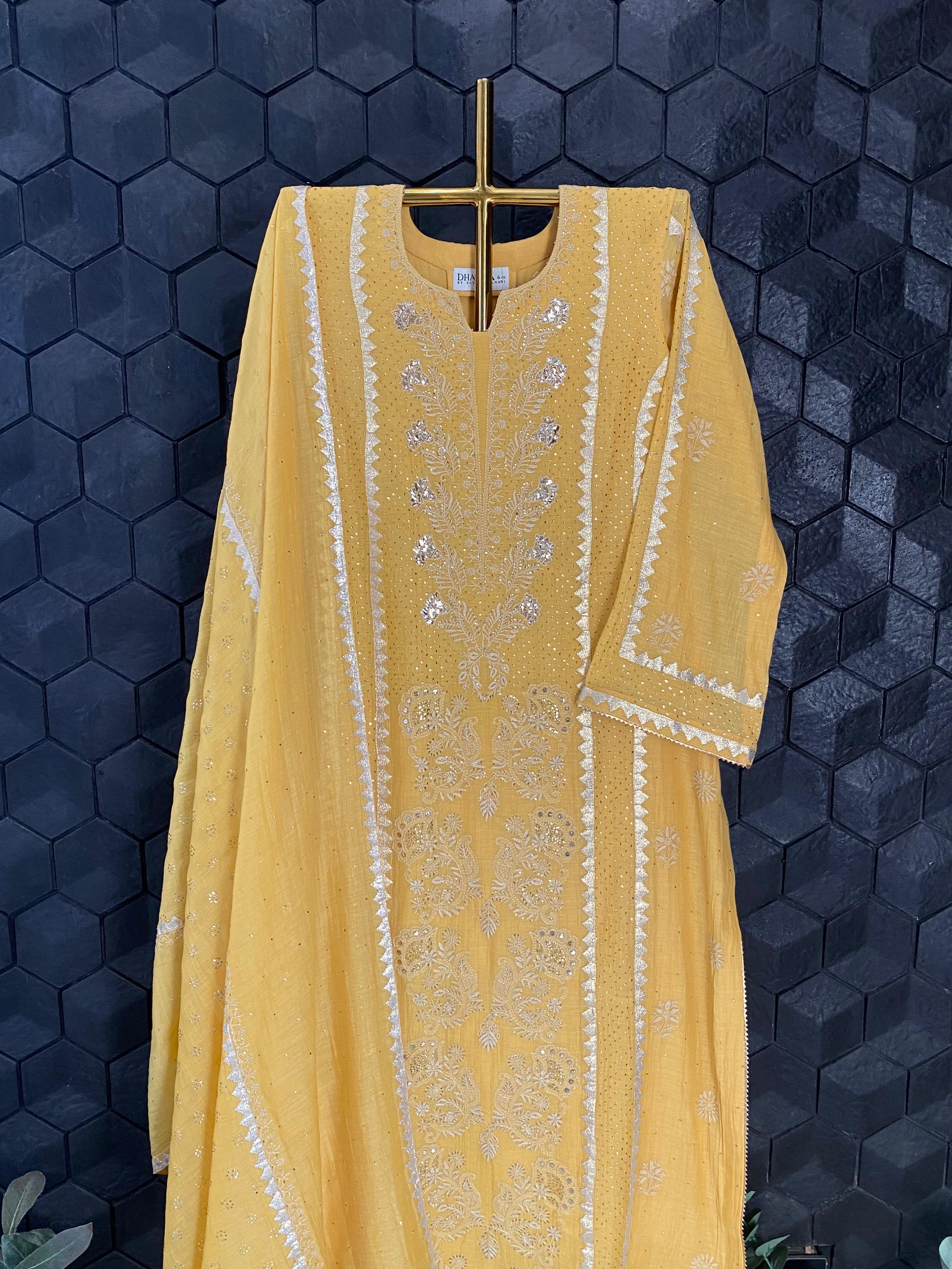 Mustard mul chanderi chikankari kurta set