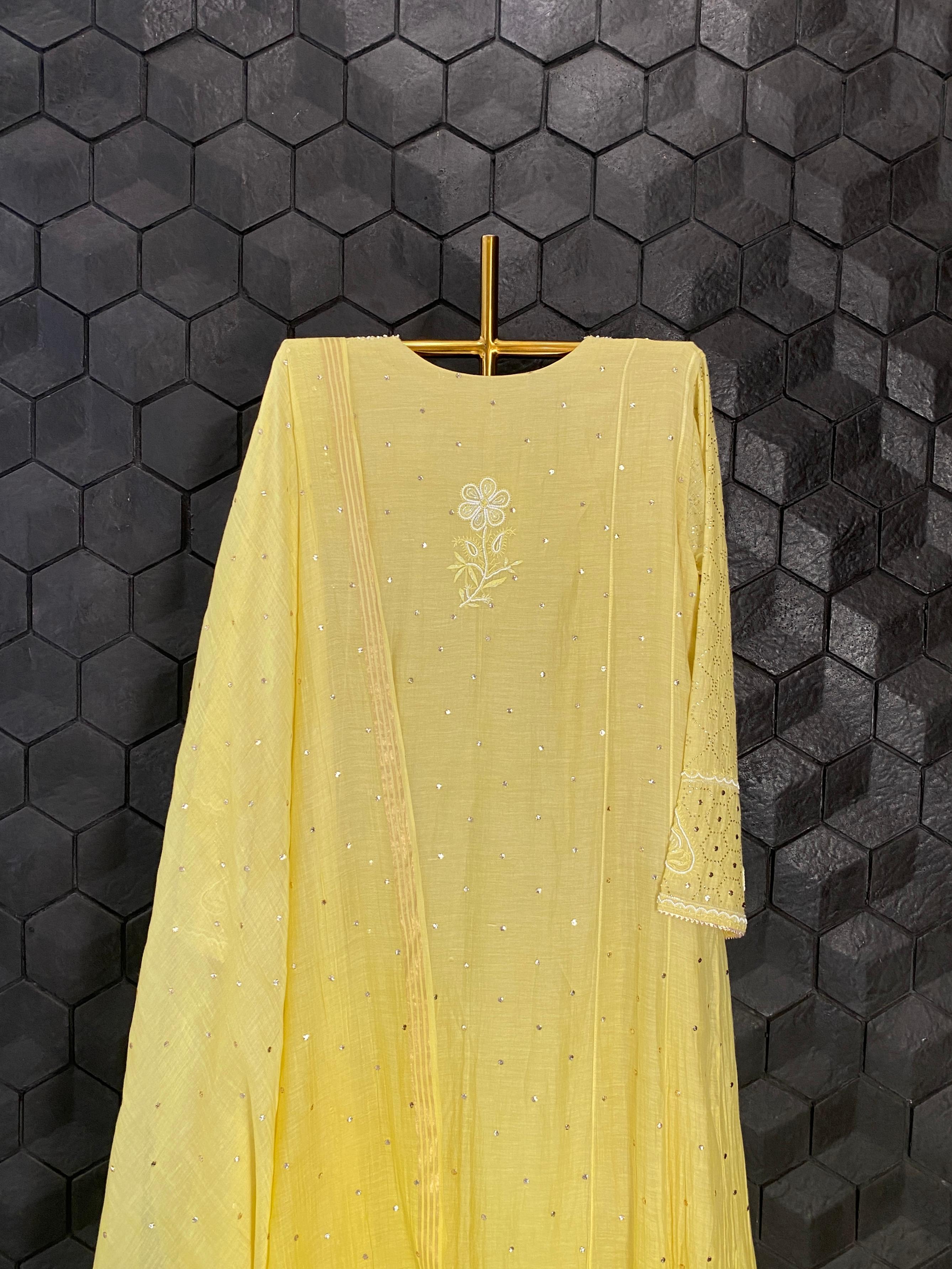 Lime green mul chanderi chikankari kurta set