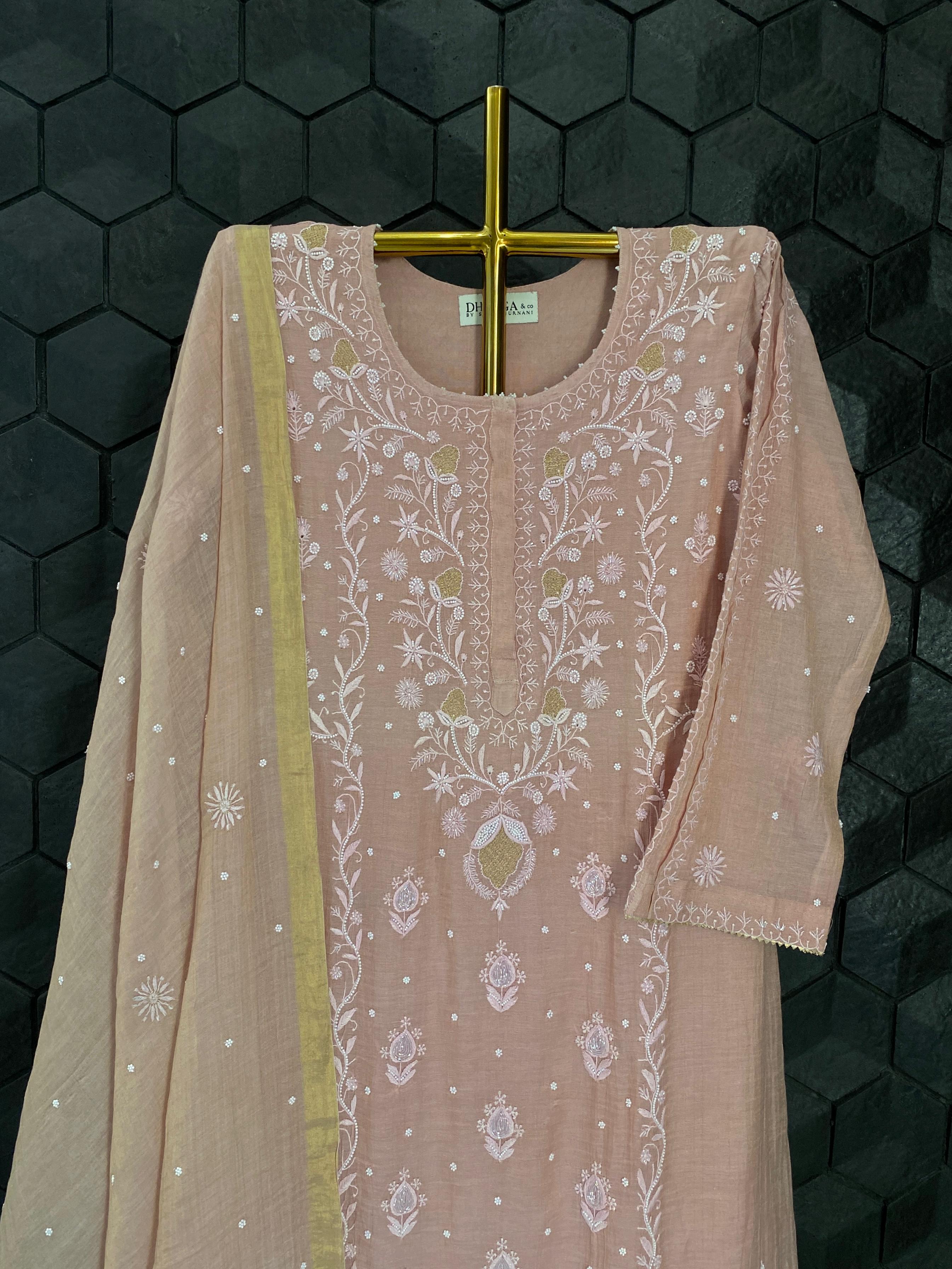 Pink golden tissue chikankari kurta set