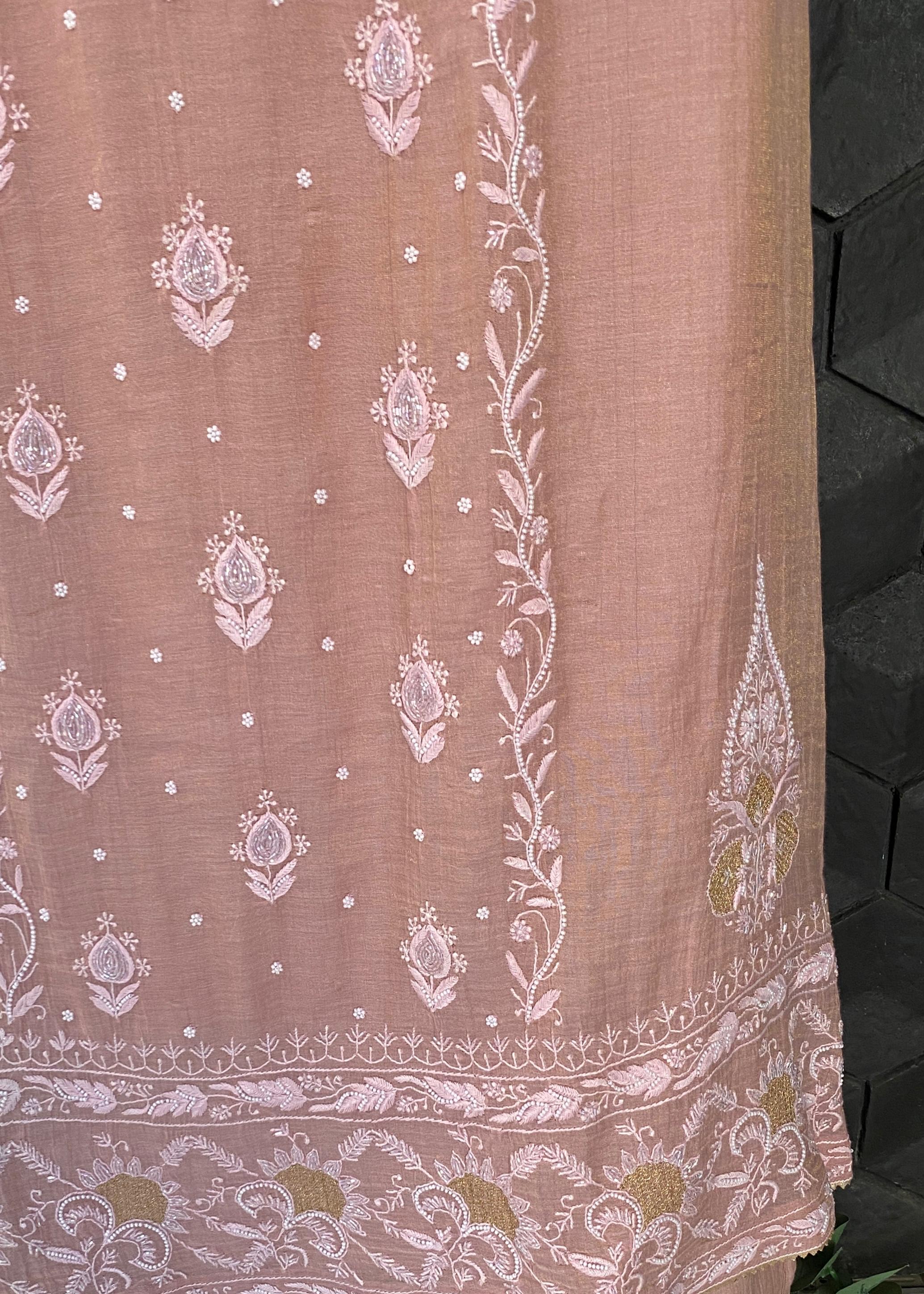 Pink golden tissue chikankari kurta set