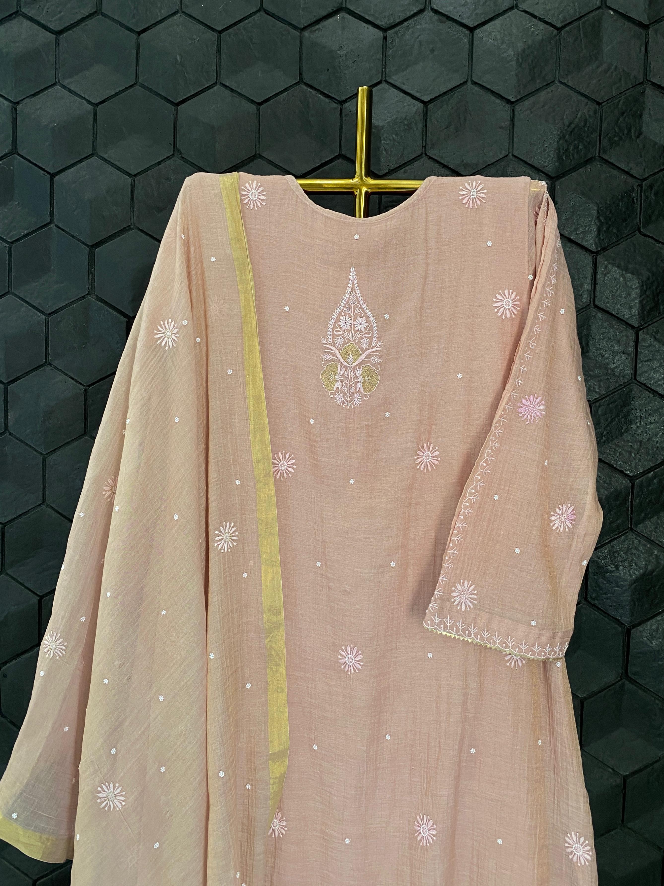 Pink golden tissue chikankari kurta set