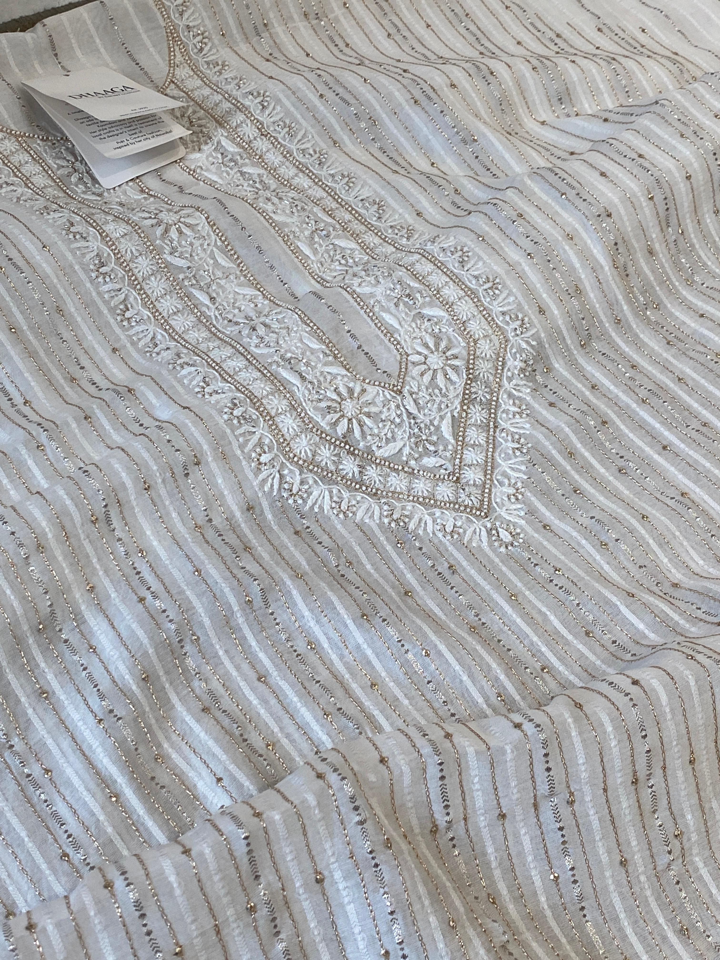 White mul chanderi chikankari men kurta
