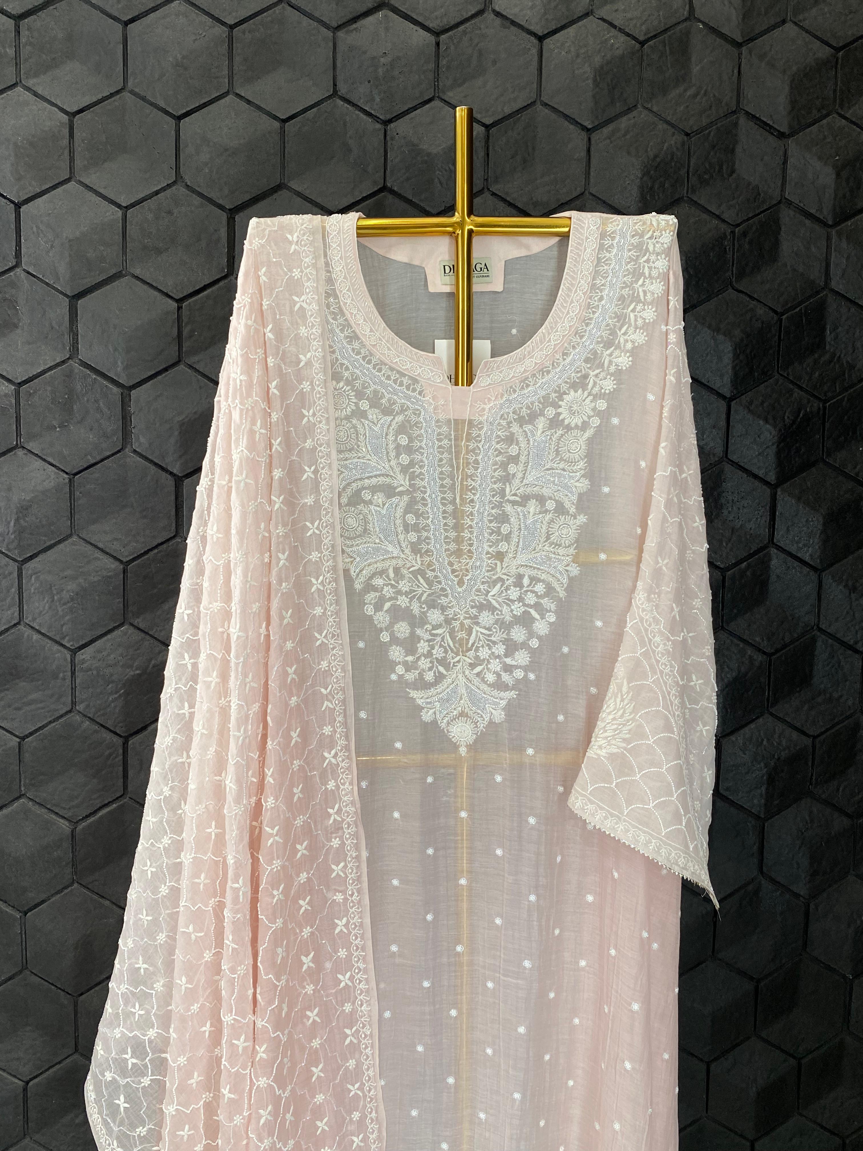 Pink Mul chanderi chikankari kurta set