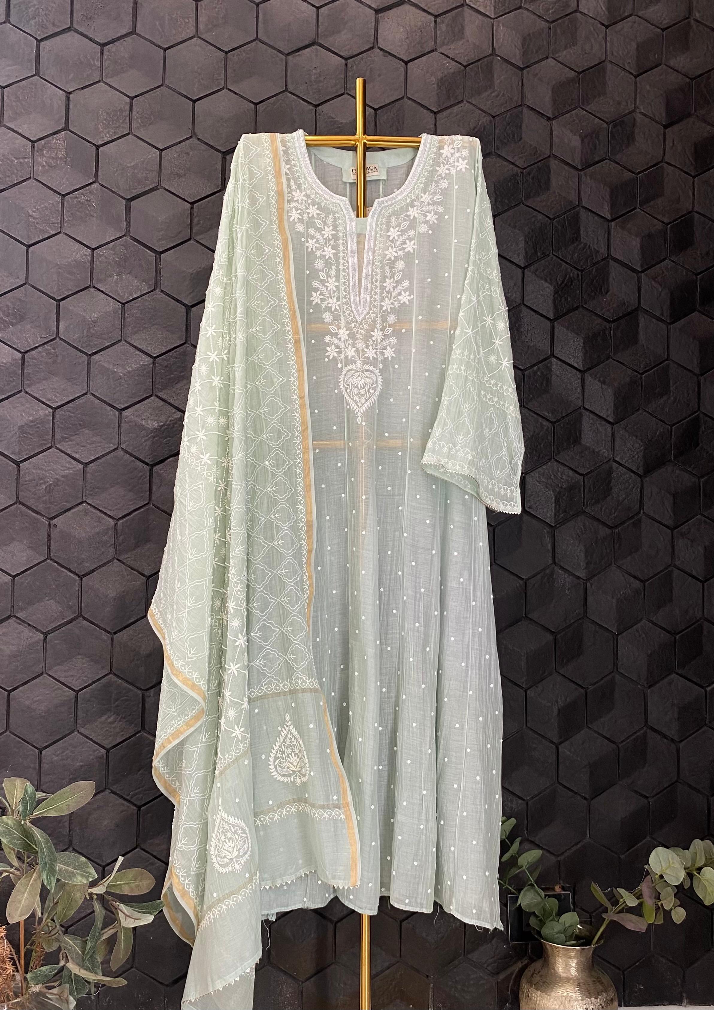 Green mul chanderi chikankari kurta set