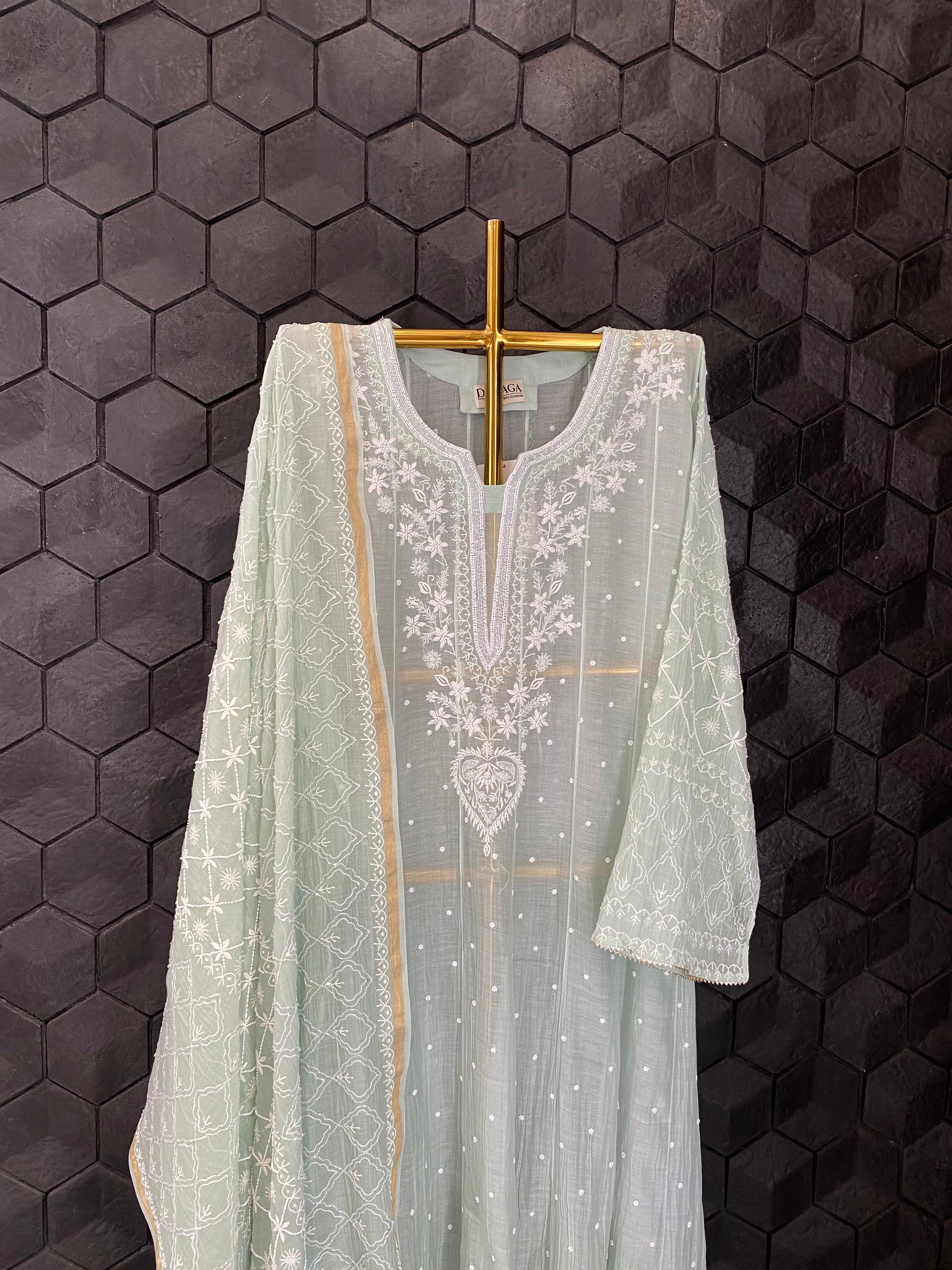 Green mul chanderi chikankari kurta set