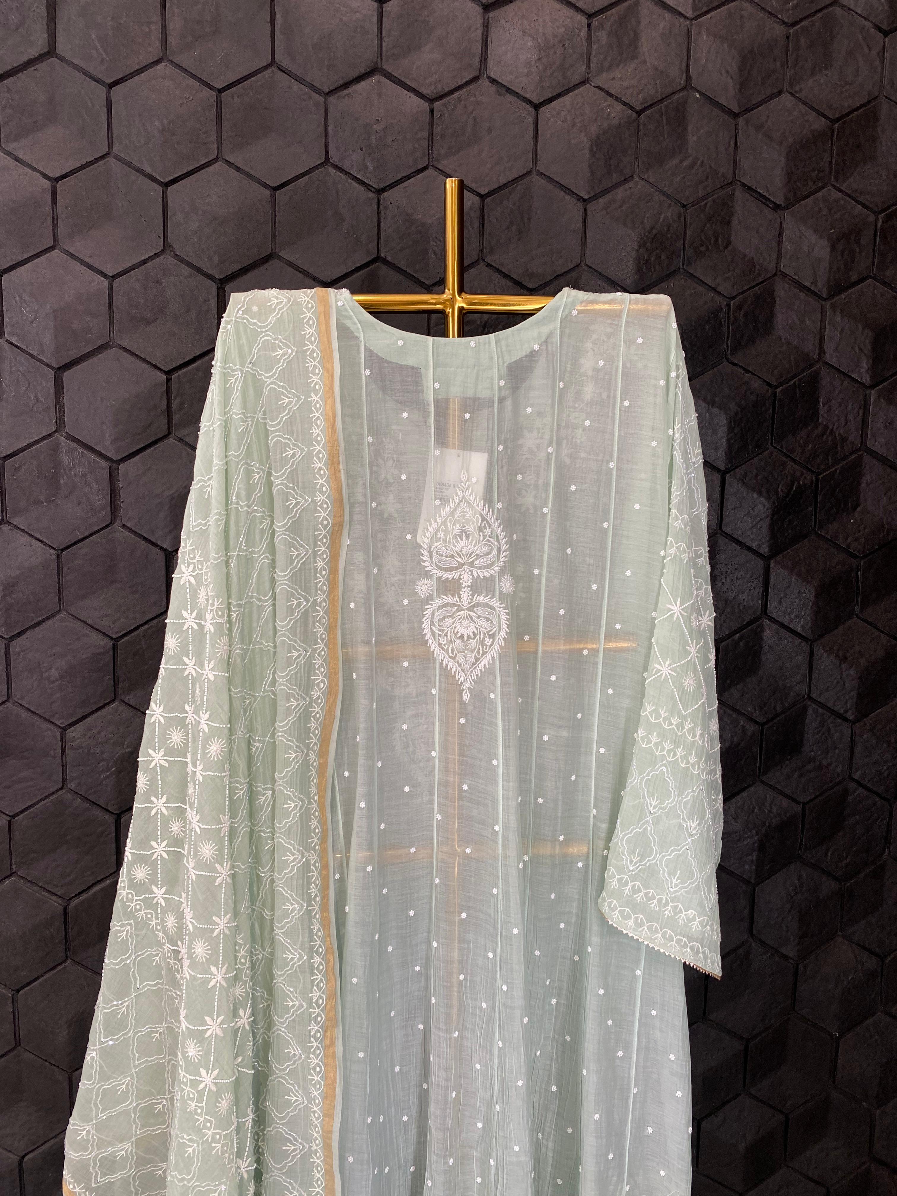 Green mul chanderi chikankari kurta set