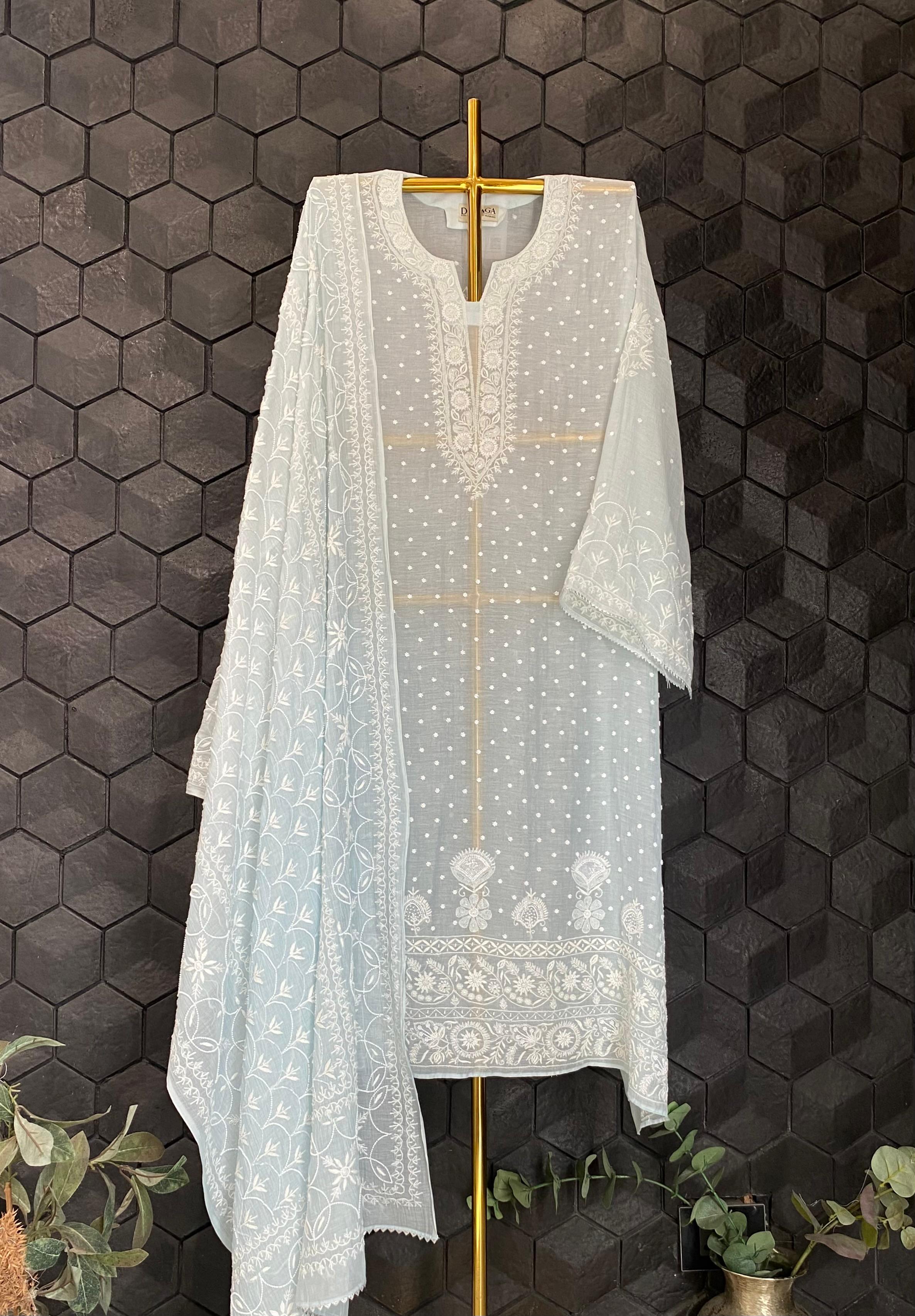 Sky Blue mul chanderi chikankari kurta set