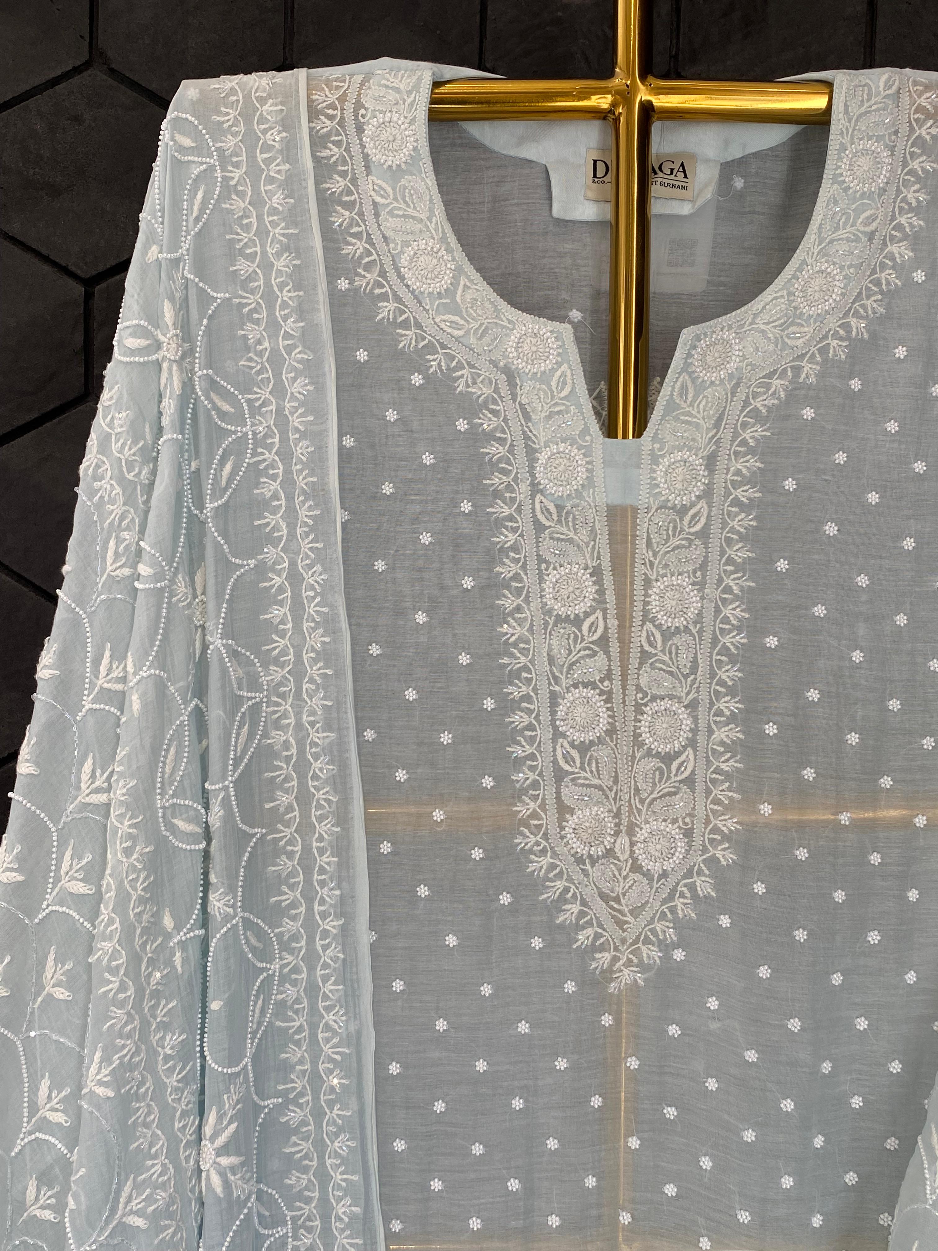 Sky Blue mul chanderi chikankari kurta set