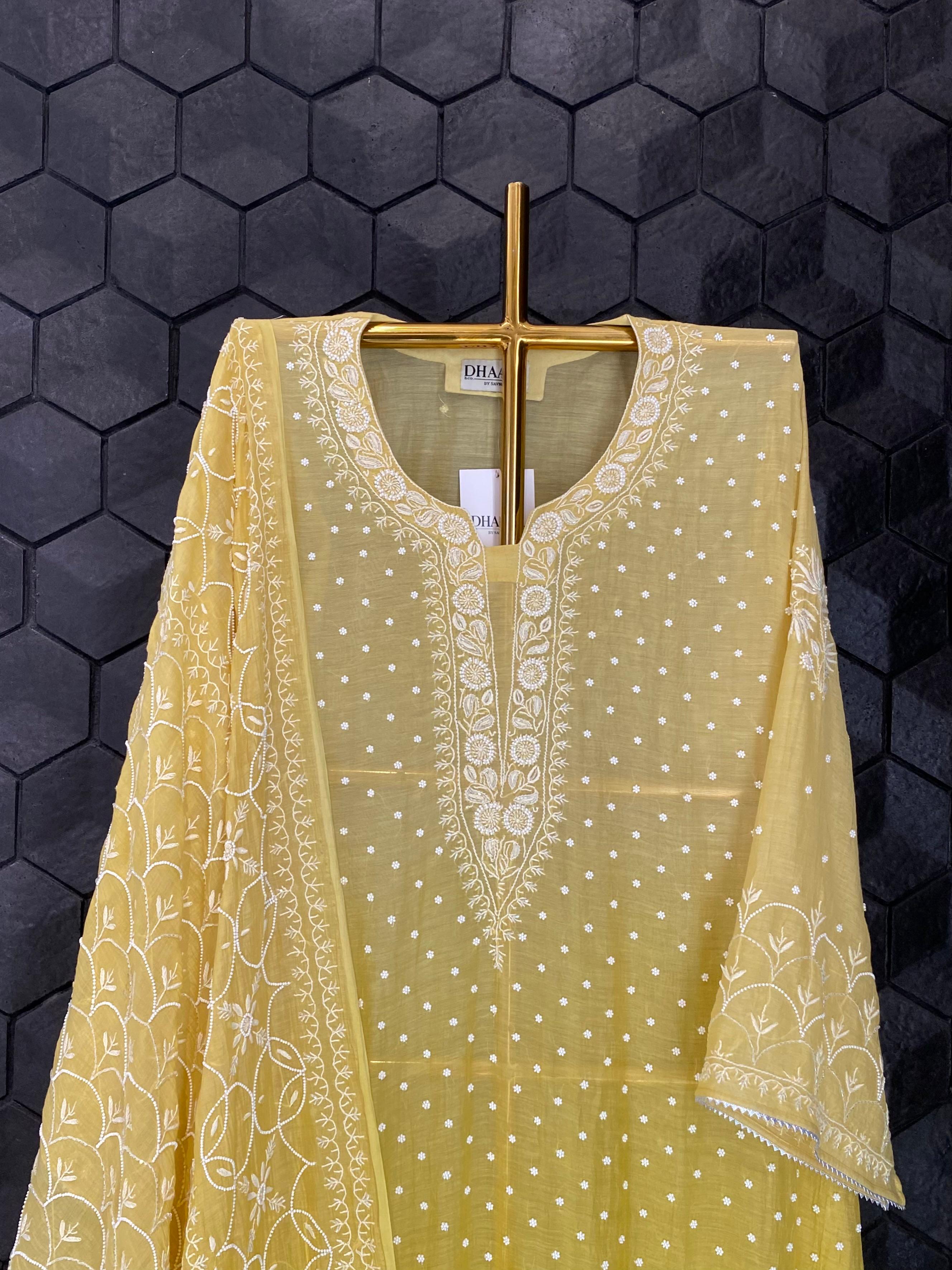 Lime yellow mul chanderi chikankari kurta set