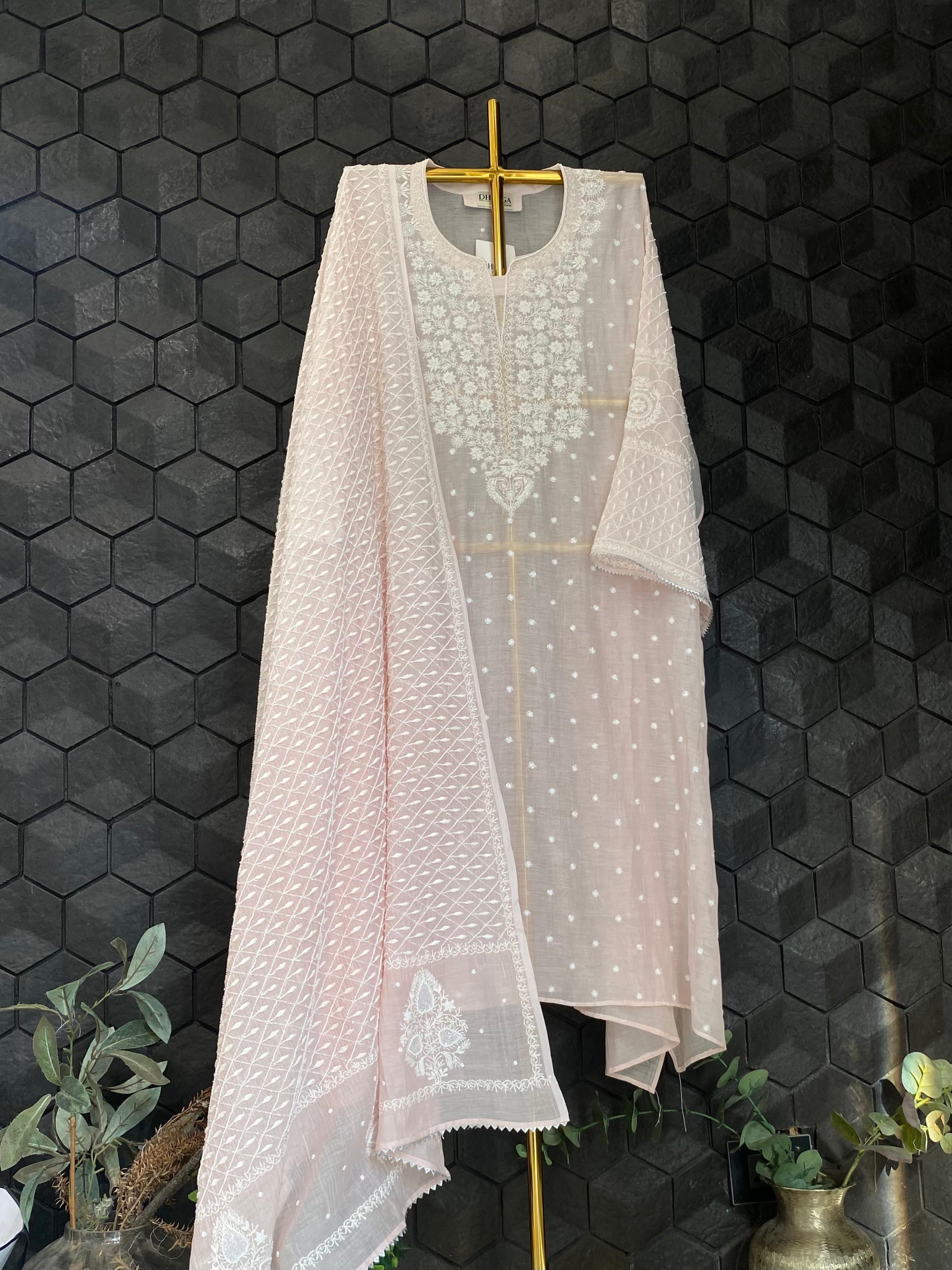Pink mul chanderi chikankari kurta set