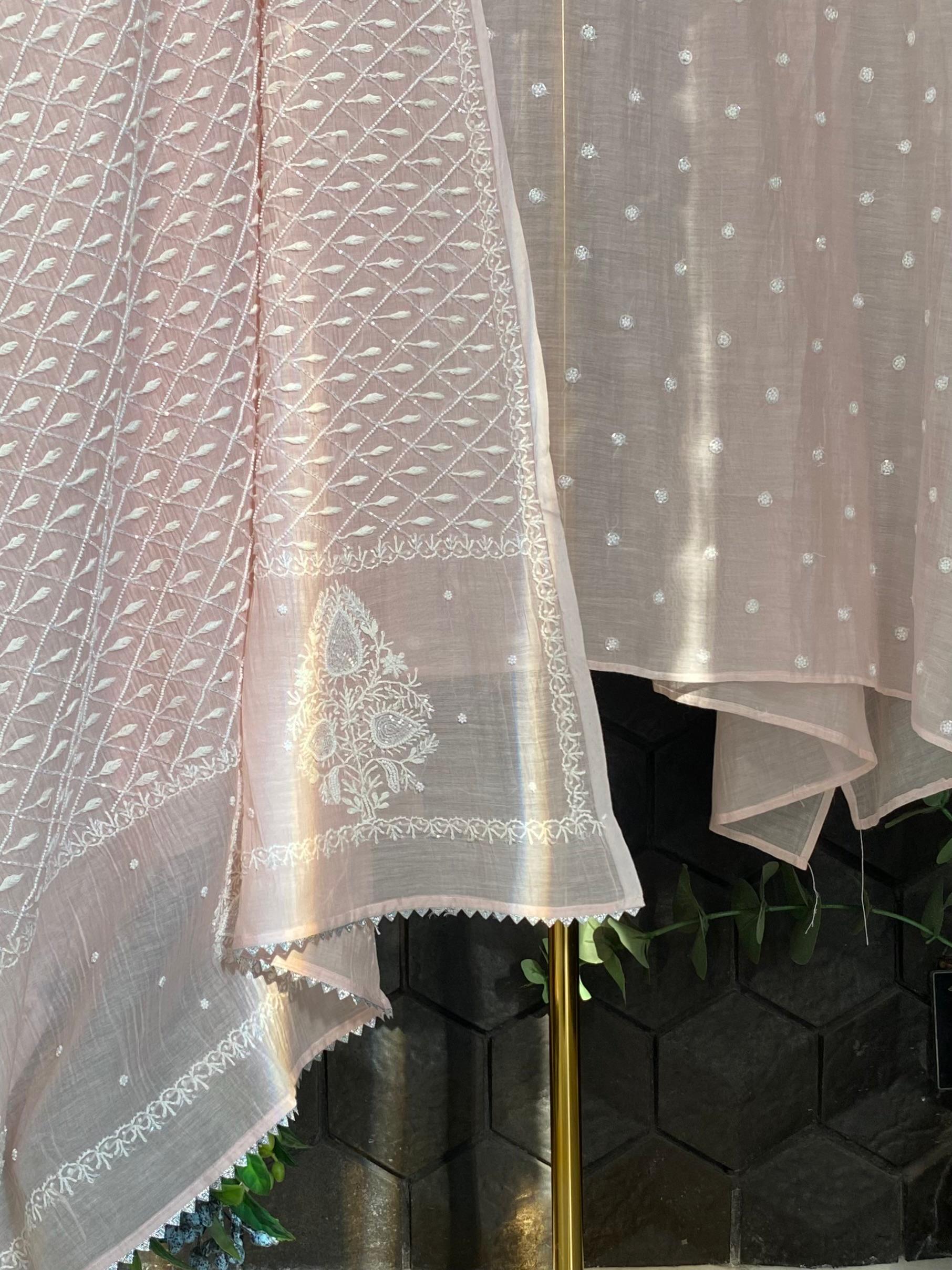 Pink mul chanderi chikankari kurta set
