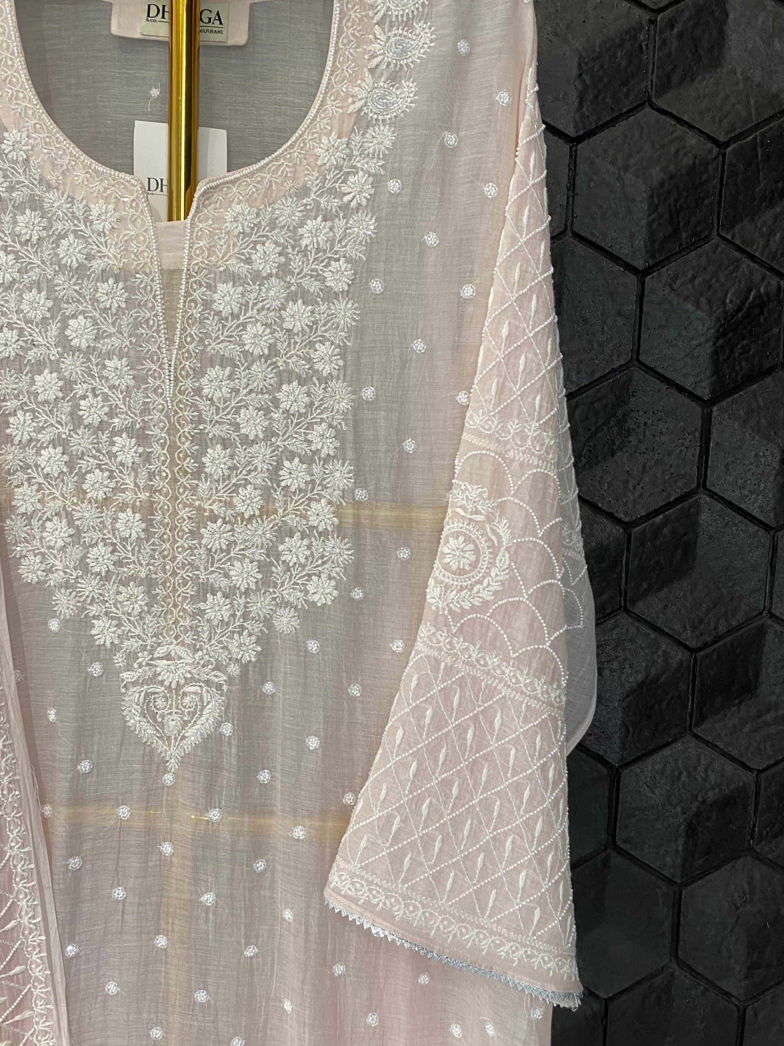 Pink mul chanderi chikankari kurta set