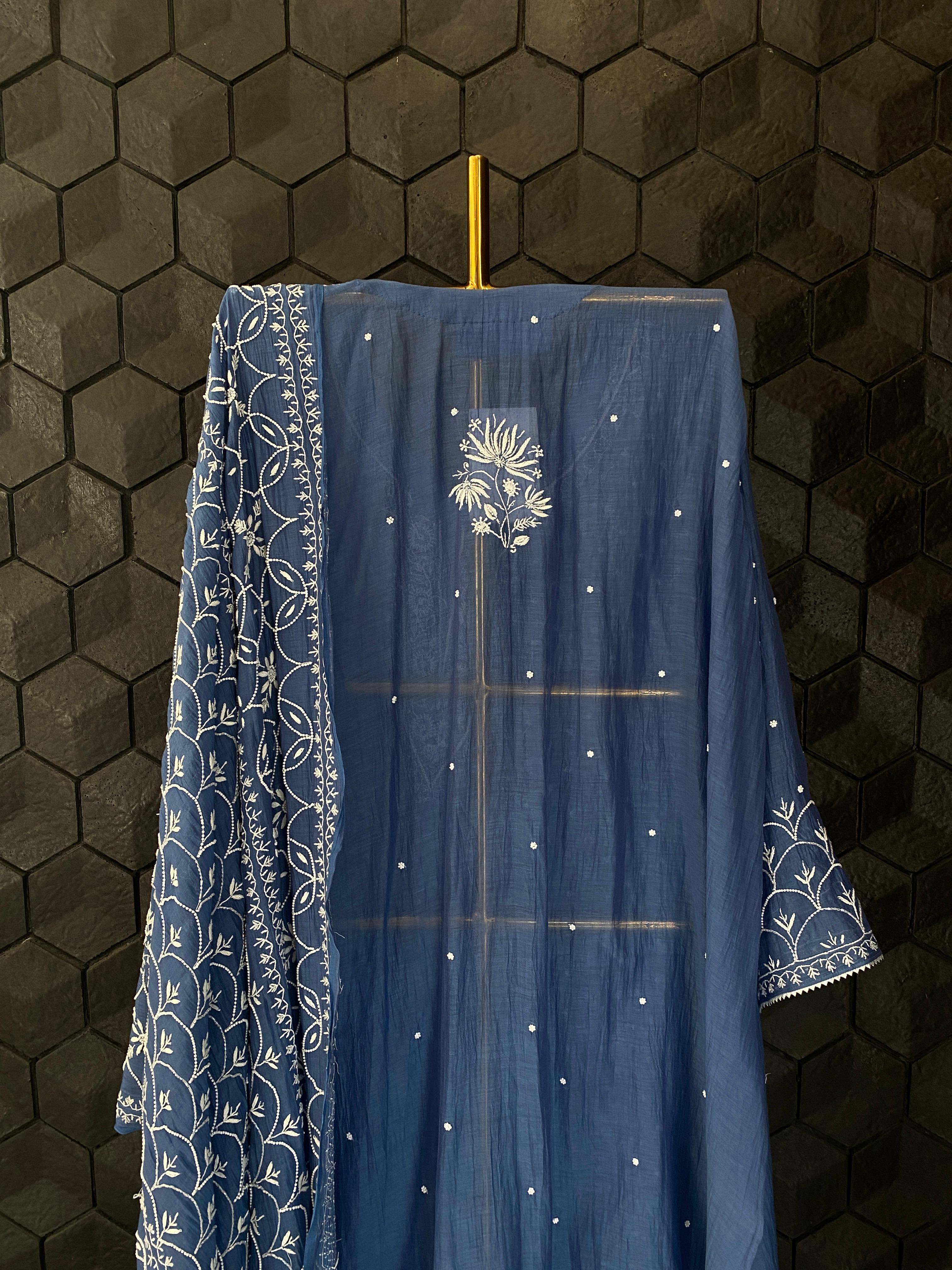 Coabalt Blue Mul Chanderi Chikankari kurta Set