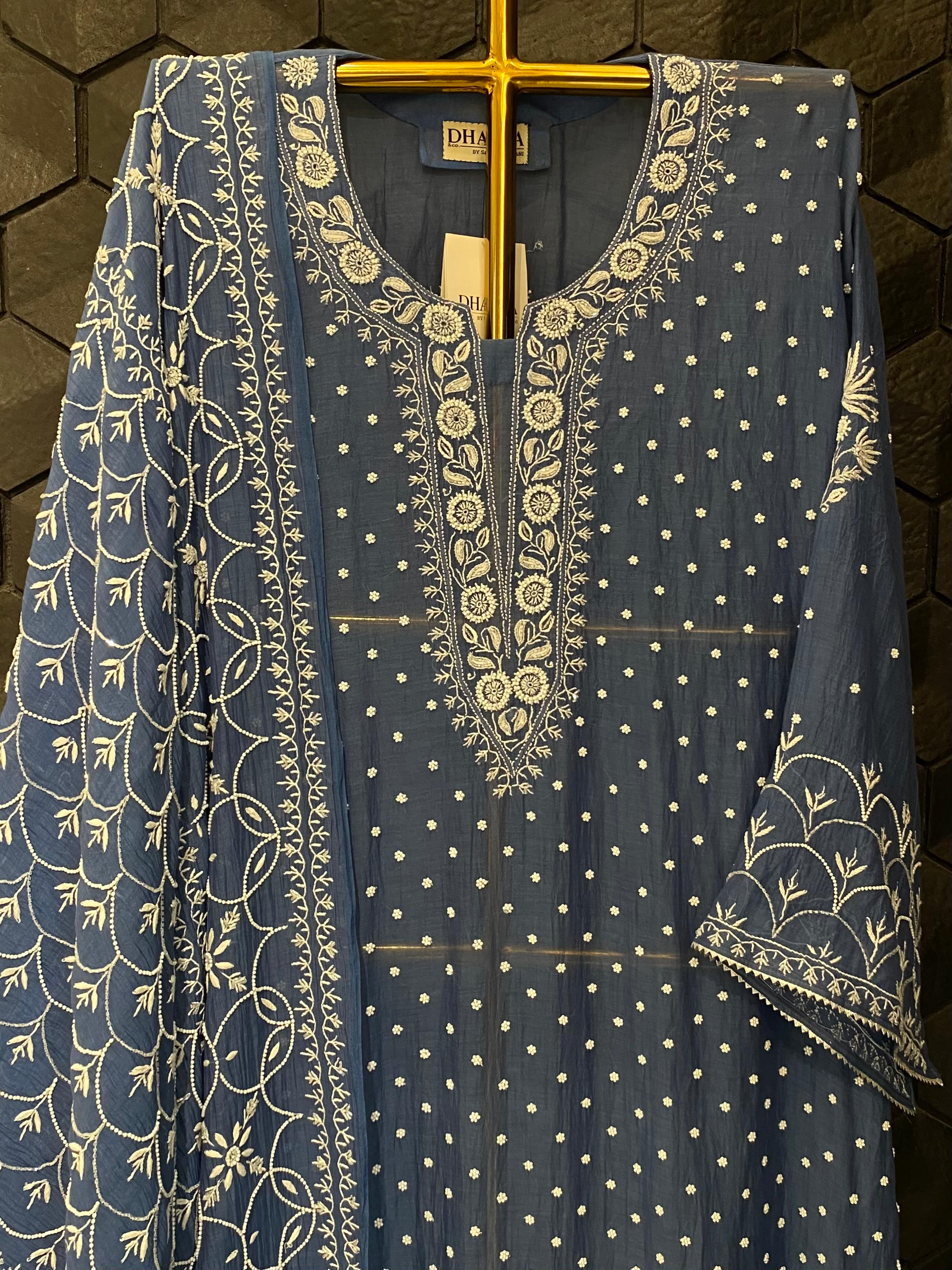 Coabalt Blue Mul Chanderi Chikankari kurta Set