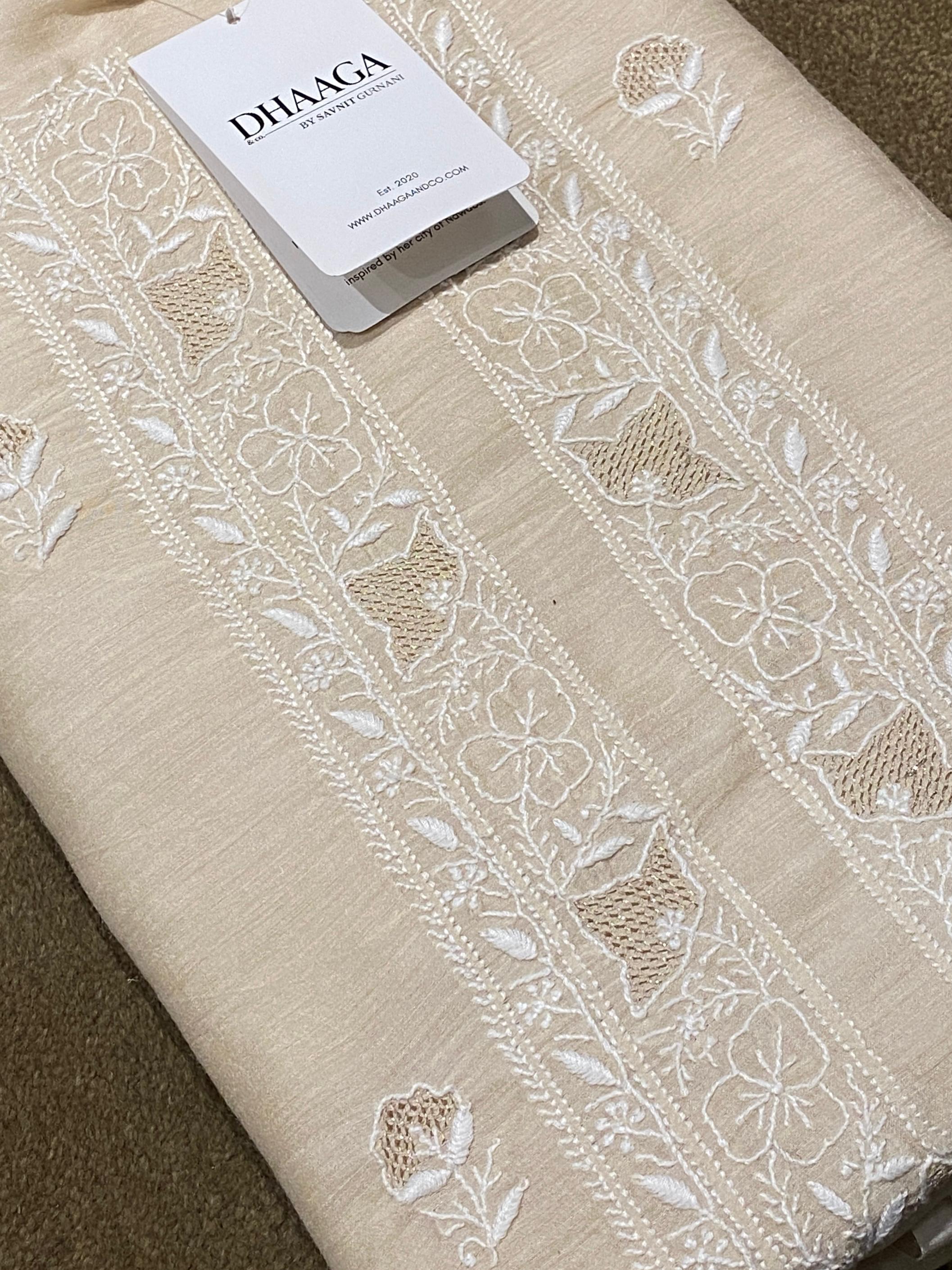 Beige munga silk chikankari mens kurta