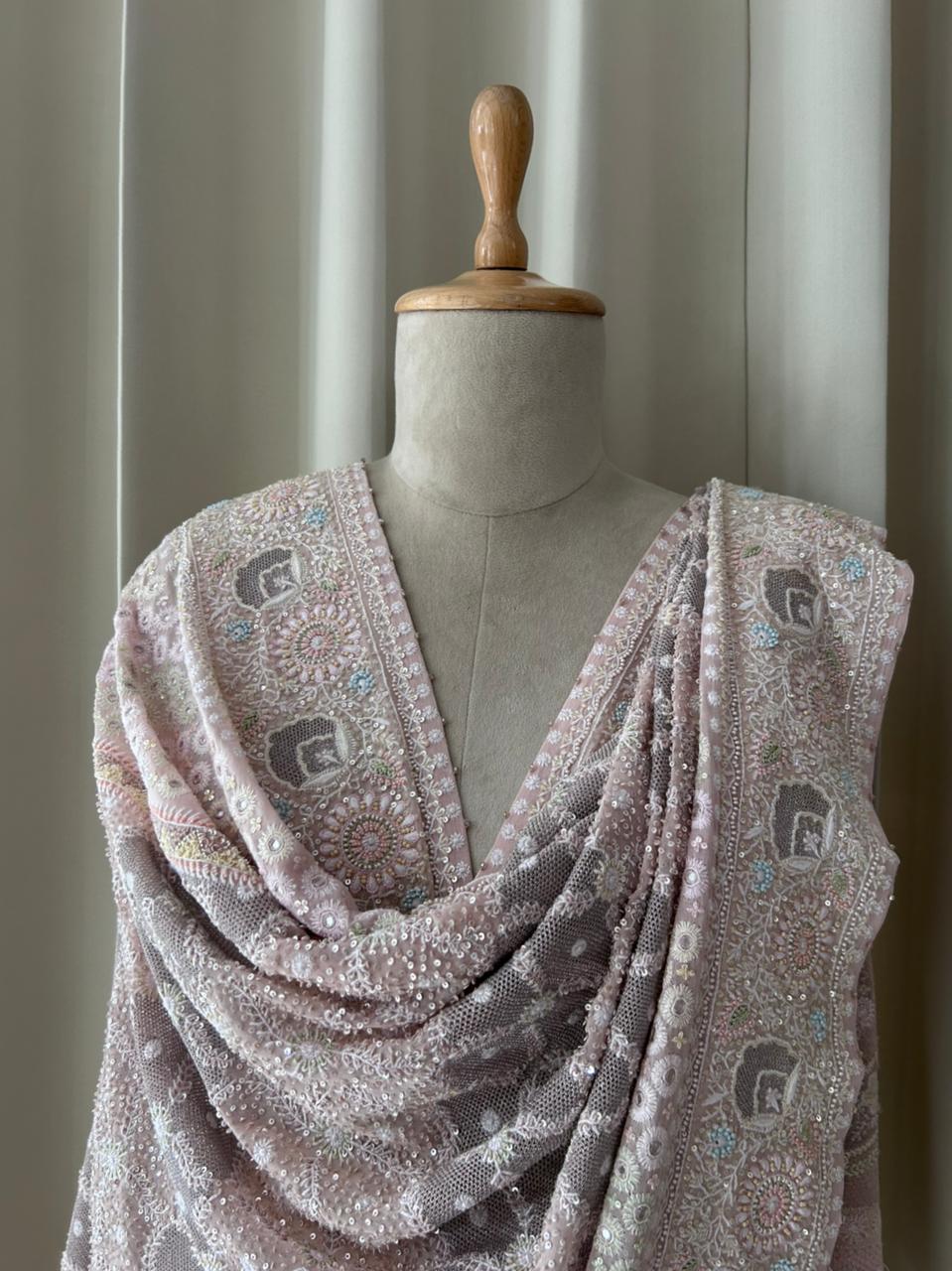 Peach ivory georgette ek-taar chikankari dupatta