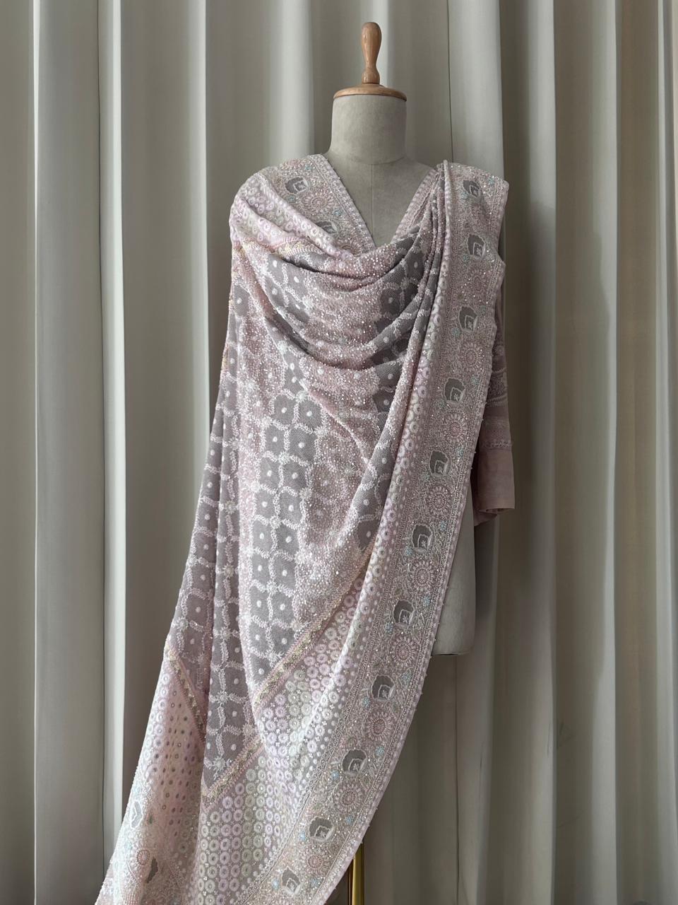 Peach ivory georgette ek-taar chikankari dupatta