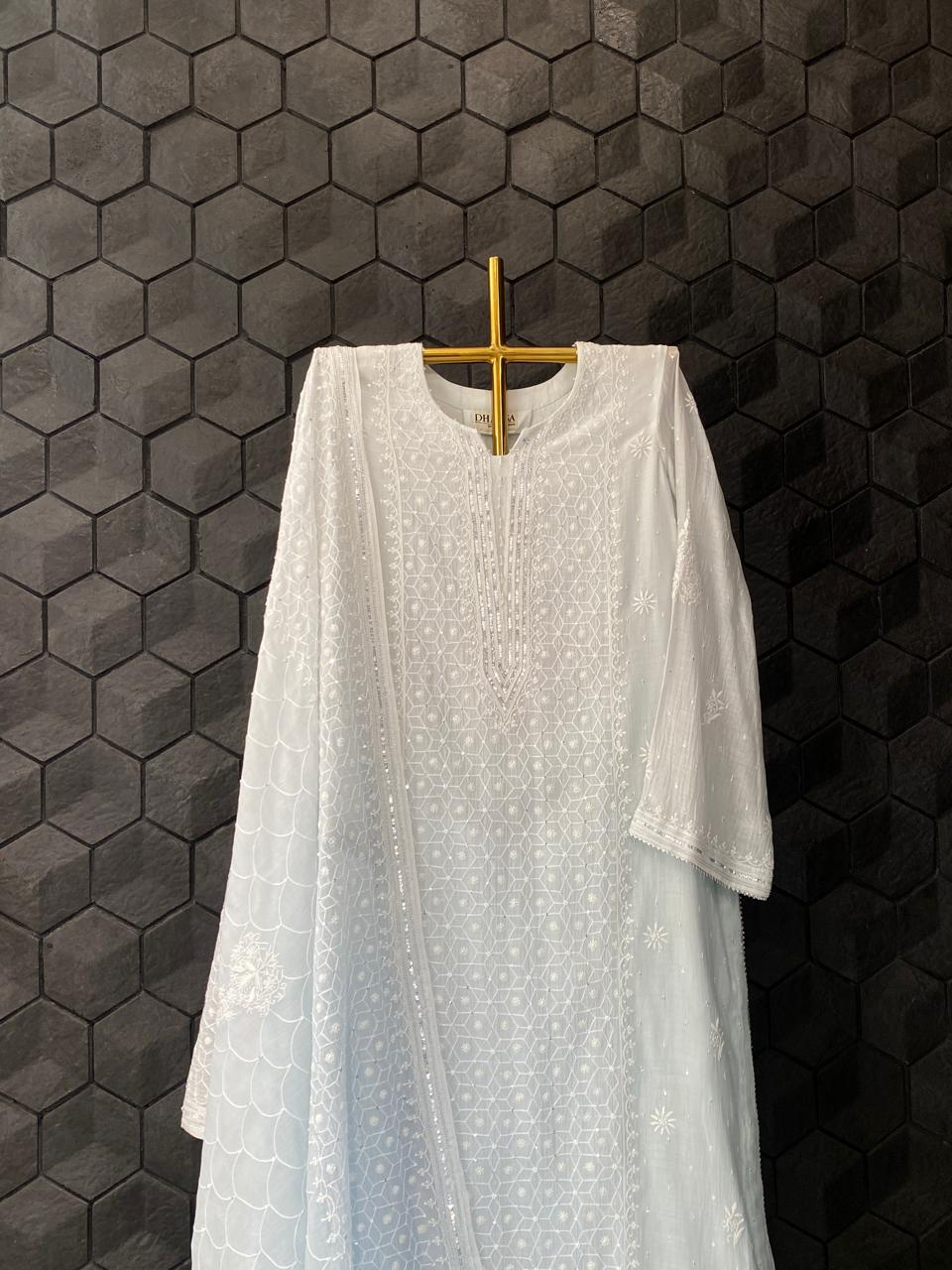 Sky blue mul chanderi chikankari kurta set