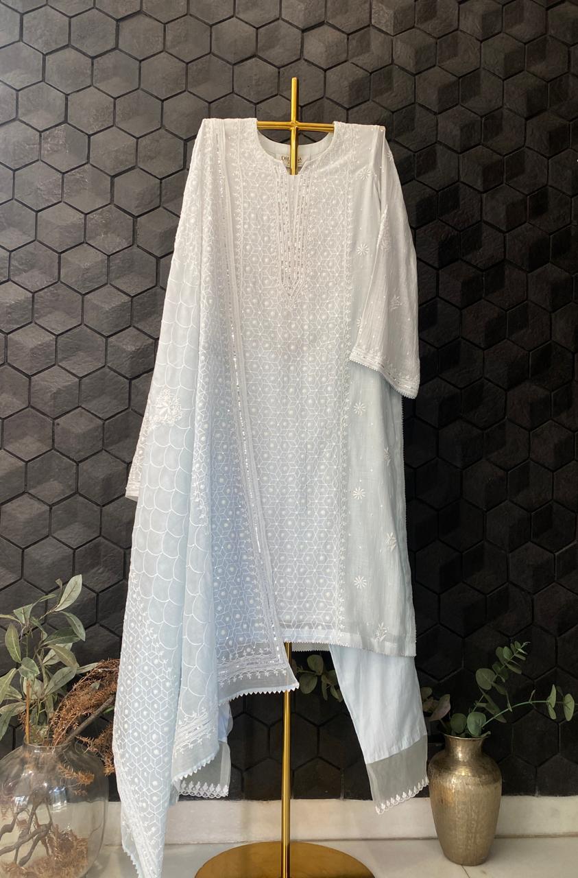 Sky blue mul chanderi chikankari kurta set