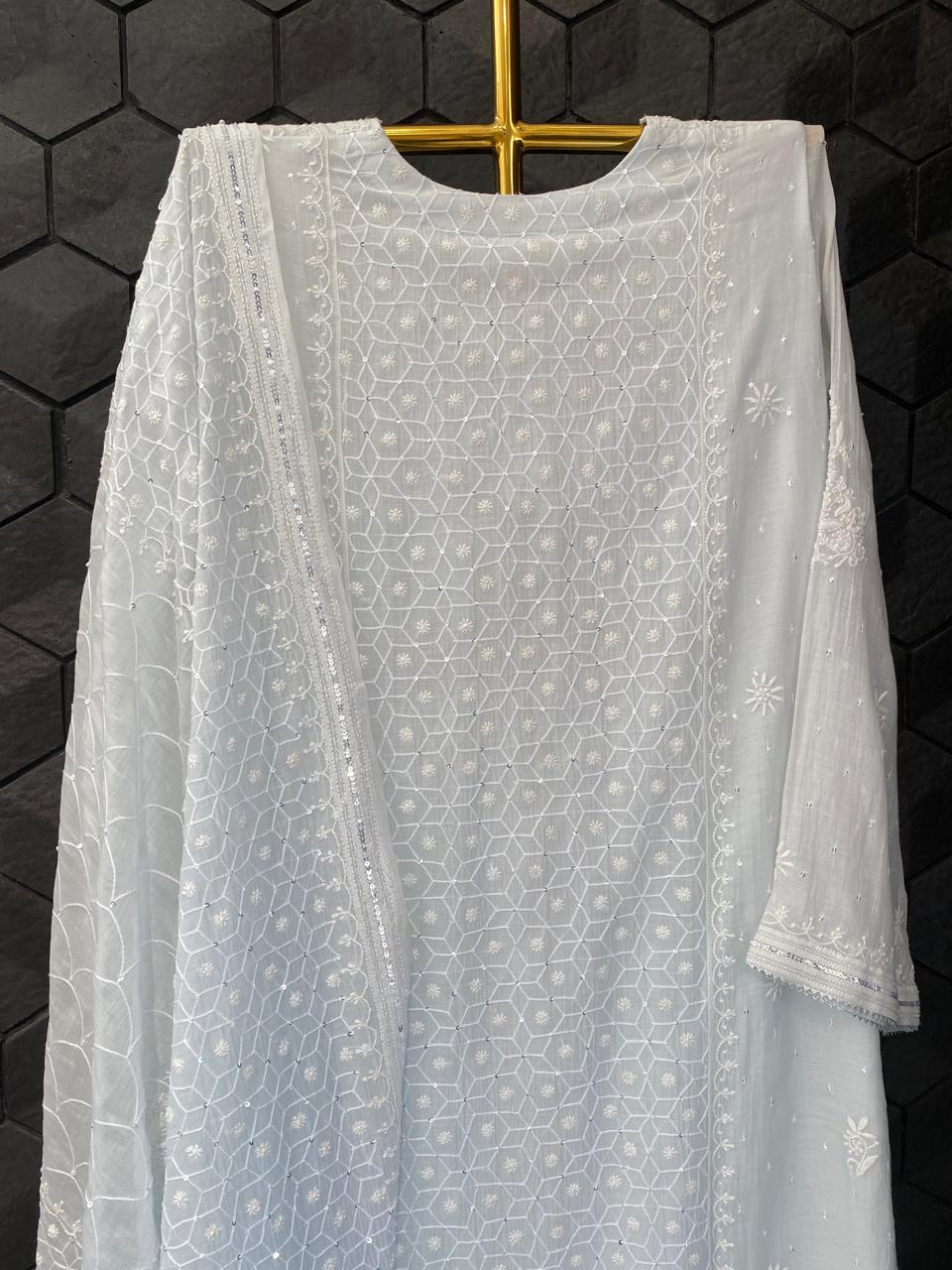 Sky blue mul chanderi chikankari kurta set