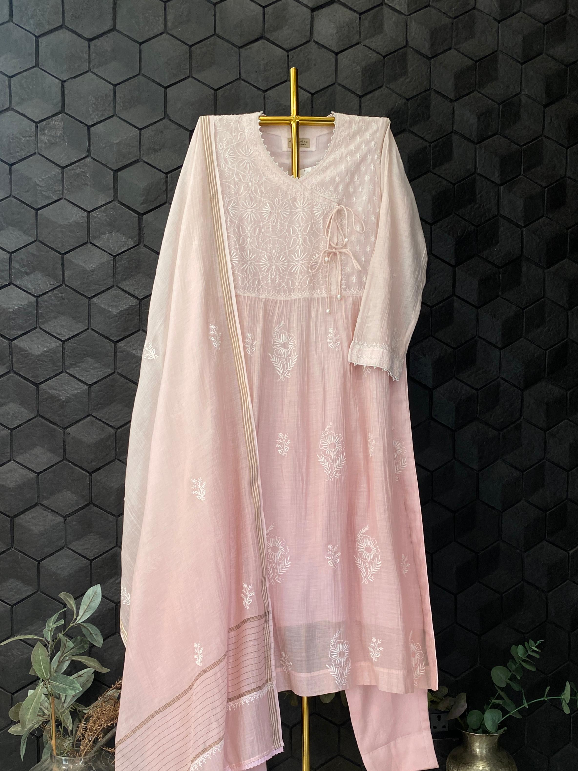 Pink mul chanderi chikankari kurta set