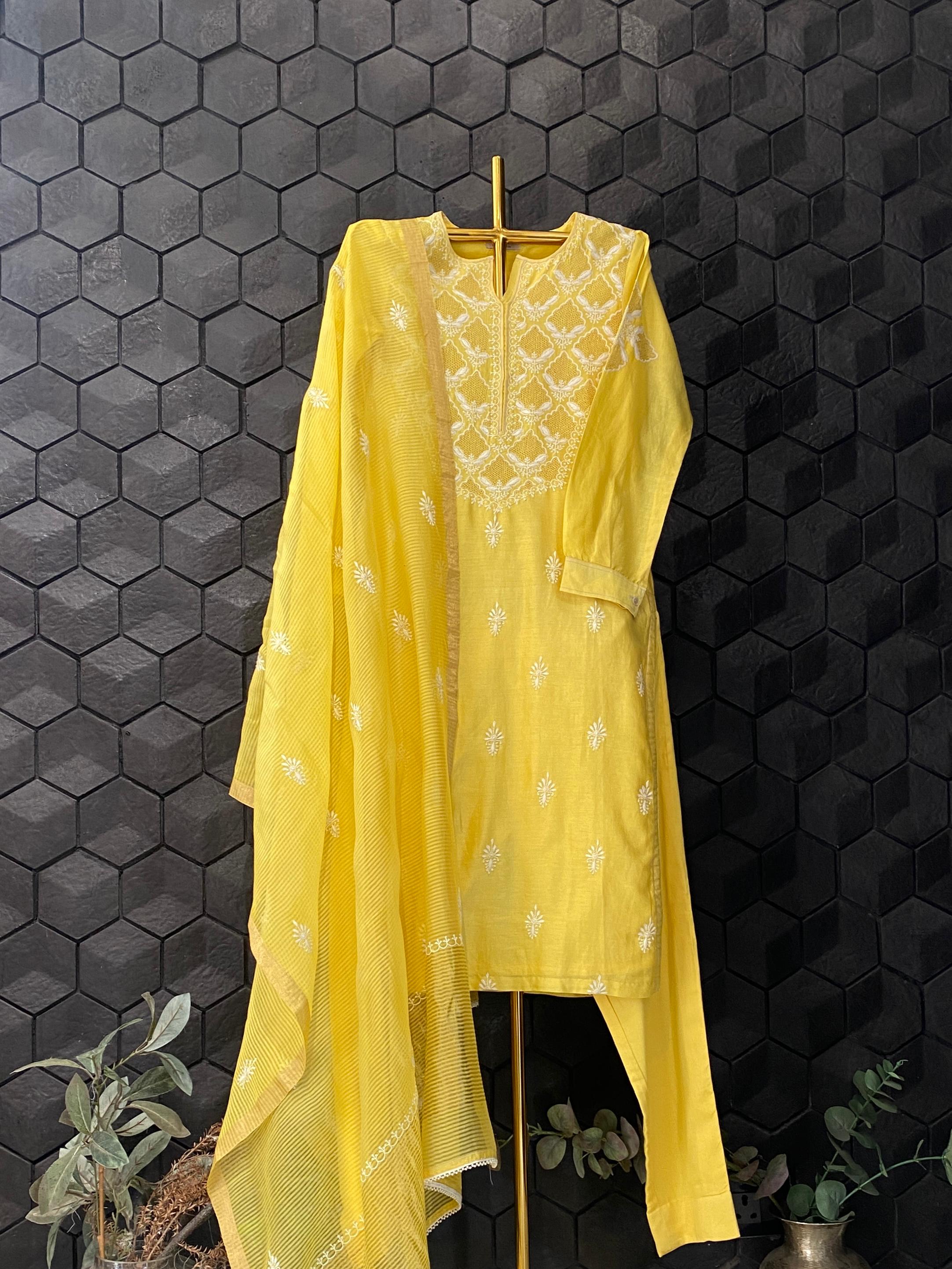 Yellow chanderi chikankari kurta set