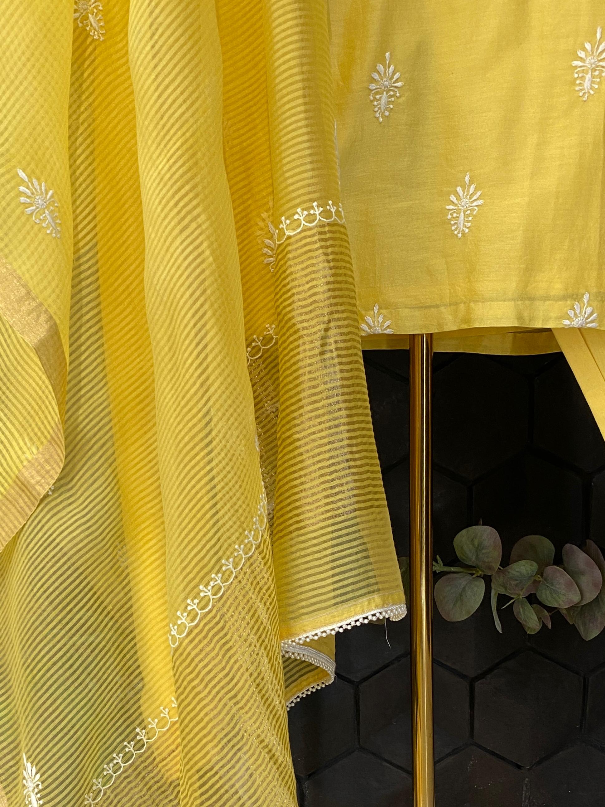 Yellow chanderi chikankari kurta set